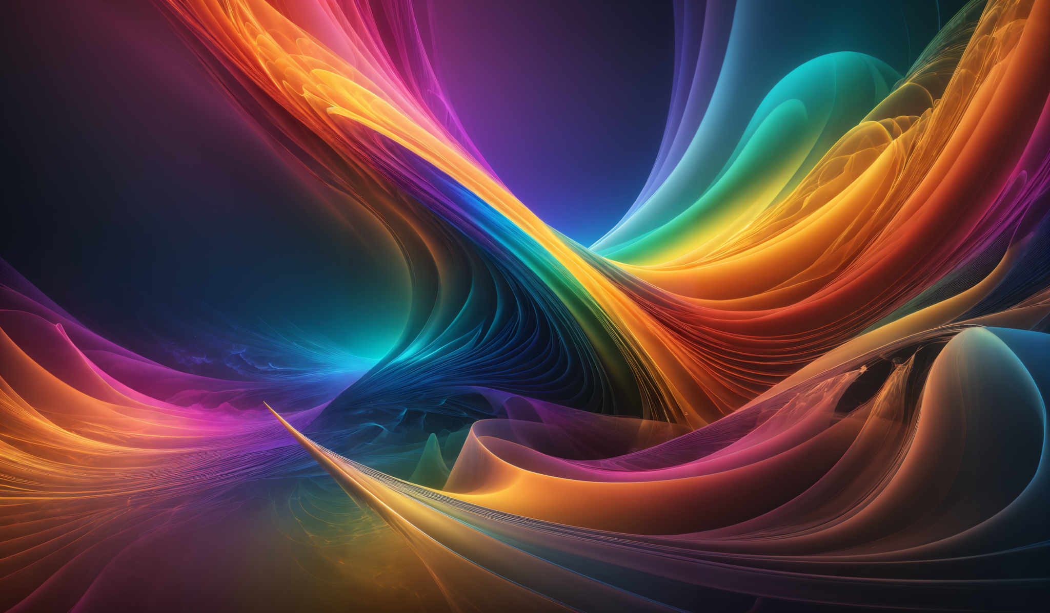 The image showcases a vibrant and dynamic abstract design. It features a myriad of colors, including deep blues, fiery oranges, and radiant purples. The shapes are fluid and wavy, resembling flowing ribbons or streams of color. The design appears to be a blend of both organic and geometric forms, creating a visually captivating and mesmerizing effect.