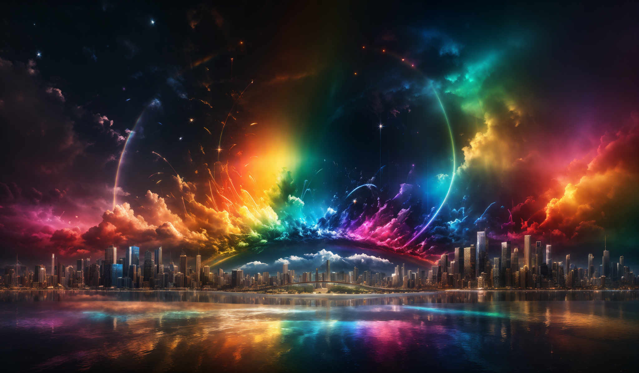 The image showcases a vibrant and colorful cosmic scene. The sky is filled with a myriad of colors, ranging from deep blues and purples to fiery reds, oranges, and yellows. There are nebulous clouds that glow in various hues, and bright streaks of light that seem to be shooting across the sky. In the foreground, there's a cityscape with tall skyscrapers reflecting the colors of the sky on their surfaces. The city is situated beside a body of water, which mirrors the colors and lights of the scene. Overall, the image exudes a sense of wonder and awe, capturing the beauty and vastness of the cosmos juxtaposed with the modernity of urban life.