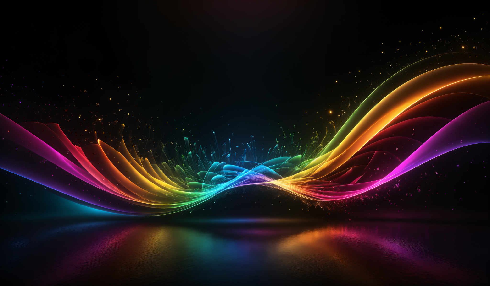 The image showcases vibrant and dynamic swirls of color that flow and intertwine. The colors range from deep blues and purples at the top to bright yellows, oranges, and reds towards the bottom. These colorful swirls are set against a dark background, creating a striking contrast. The swirls appear to be made of a fluid or energy, giving them a smooth and fluid appearance. The overall effect is both mesmerizing and energetic, evoking feelings of movement and vibrancy.