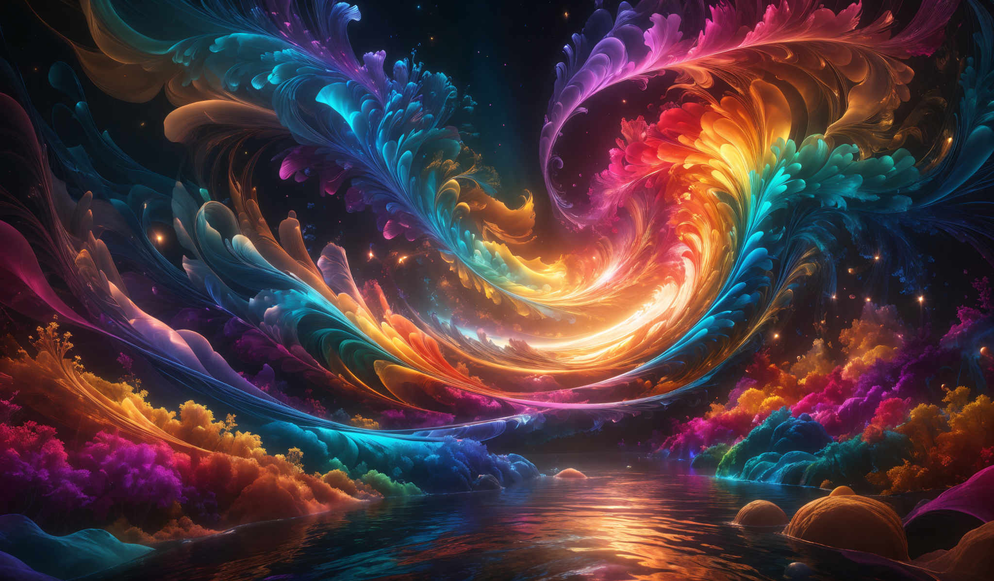 The image showcases a vibrant and mesmerizing scene of swirling colors and shapes. The dominant colors include deep blues, radiant oranges, and fiery reds. The shapes resemble fluid, flowing patterns, reminiscent of water or smoke, swirled and intertwined in a dynamic dance. The center of the image has a bright, luminous glow, possibly representing a source of energy or light. Surrounding this glow are intricate patterns and structures that seem to be made of these colorful fluids, creating an illusion of depth and movement.