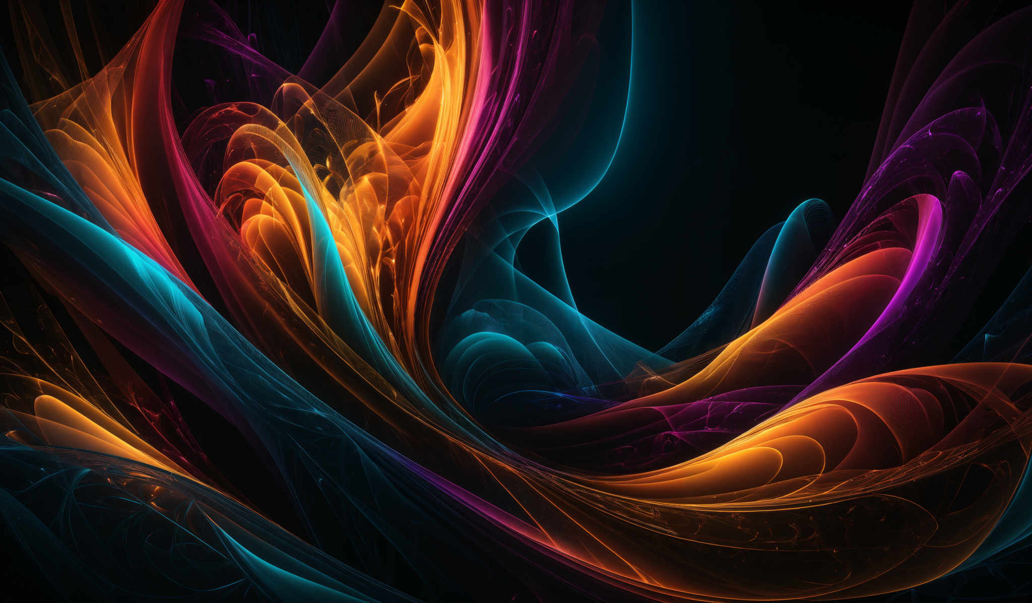 The image showcases a vibrant and dynamic abstract pattern. It features a myriad of colors, including deep blues, fiery oranges, and radiant purples. The shapes are fluid and wavy, resembling swirling smoke or flowing water. The interplay of these colors and shapes creates a visually captivating and mesmerizing effect, reminiscent of a vivid dream or otherworldly landscape.