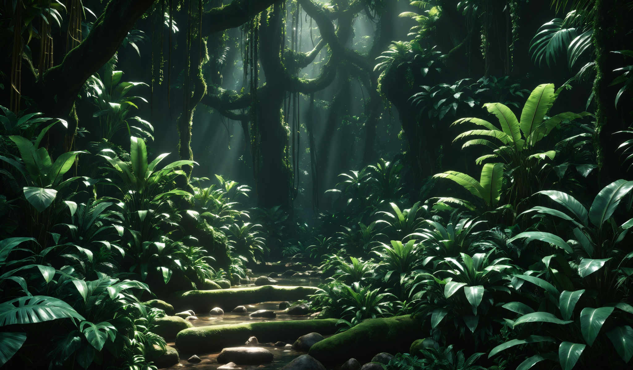 The image showcases a lush, dense jungle or forest. The dominant colors are various shades of green, representing the abundant foliage. The shapes are varied, with broad, elongated leaves, thick trunks of trees, and hanging vines. The scene is illuminated by rays of sunlight filtering through the canopy, casting dappled light on the forest floor and creating a serene ambiance.