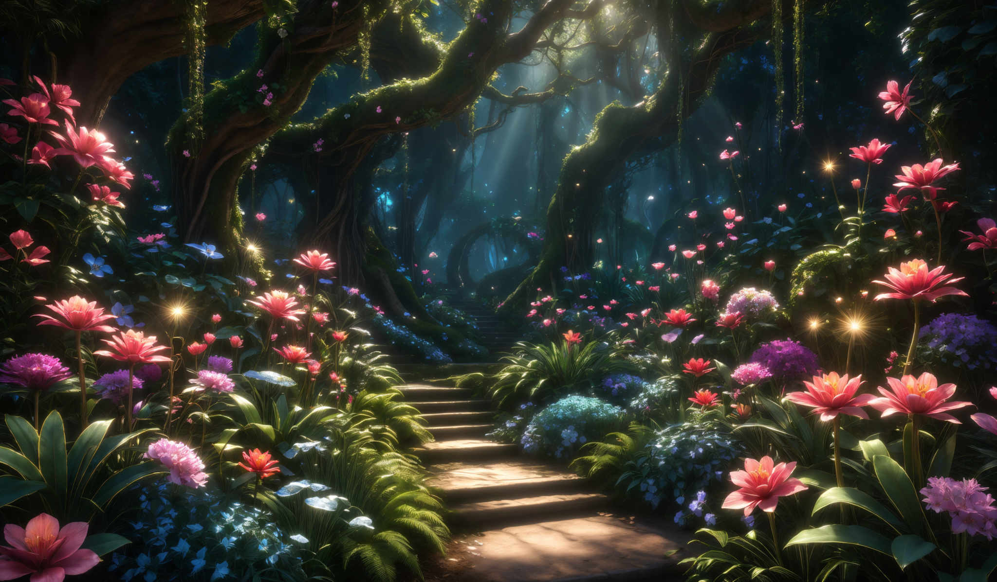 The image showcases a lush, magical forest with a variety of vibrant colors. Dominating the scene are large, twisted trees with moss-covered trunks. The forest floor is adorned with a plethora of flowers in shades of pink, purple, and blue. There are also various shades and types of foliage, including ferns and other green plants. The scene is illuminated by a soft, ethereal light that filters through the trees, casting a gentle glow on the surroundings.