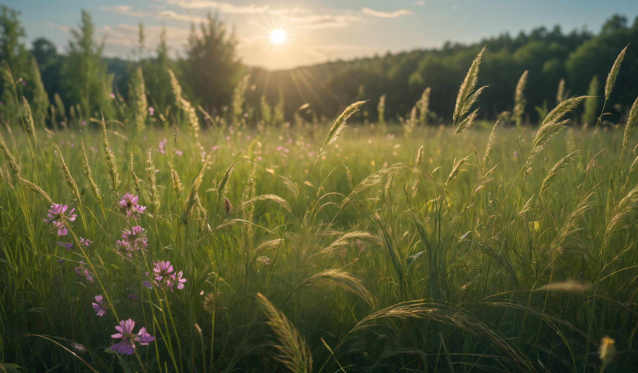 The image showcases a vibrant and serene landscape during what appears to be the golden hour. The dominant colors are shades of green from the grass and trees, and soft pink from the flowers. The grass is tall and feathery, swaying with the wind. The sun is positioned low in the sky, casting a warm golden light that illuminates the scene. In the background, there's a dense forest, and the sky is clear with a few scattered clouds.