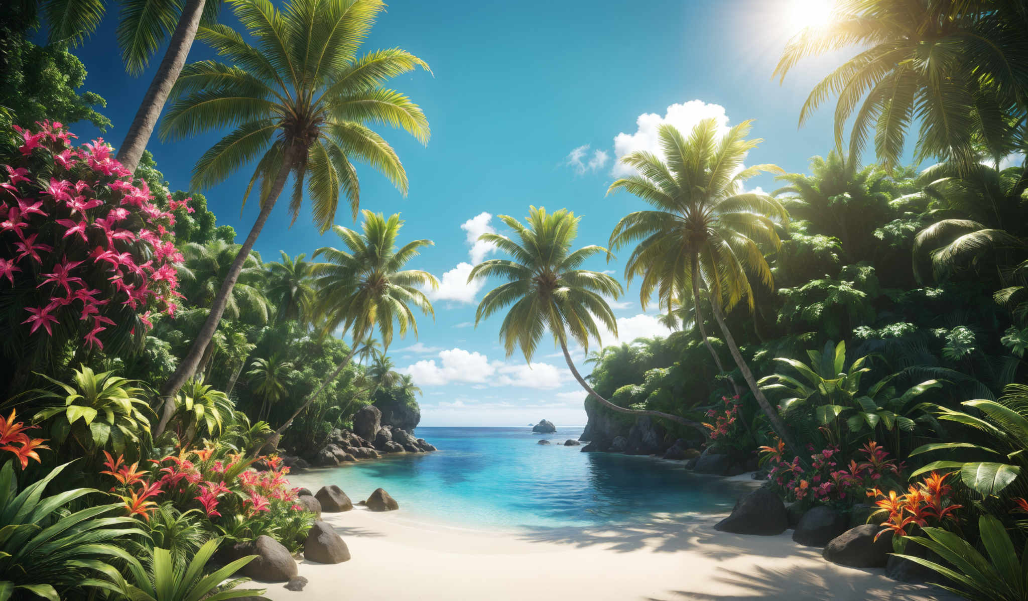 The image showcases a breathtaking tropical beach scene. Dominating the foreground are tall palm trees with their characteristic curved trunks and fronds. The sandy beach stretches out, leading to the calm blue waters of the sea. The waters are clear, allowing one to see the rocks beneath. The sky is a vibrant blue with fluffy white clouds. On the left side, there's a vivid display of pink and orange flowers, adding a splash of color to the serene landscape. The overall ambiance is one of tranquility and natural beauty.