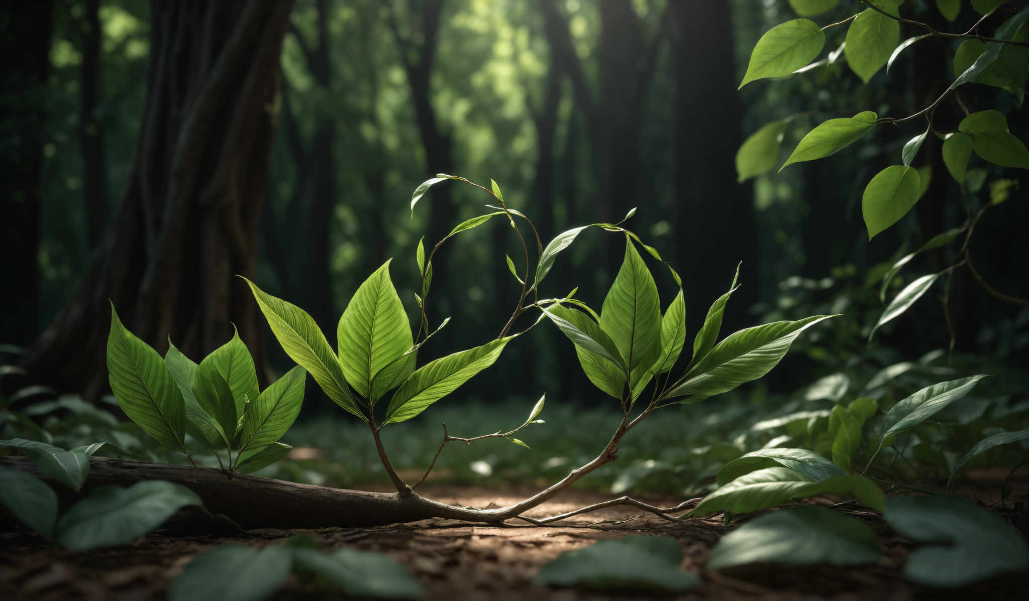 The image showcases a lush forest setting with a focus on the underbrush. The dominant colors are various shades of green, representing the leaves and foliage. The leaves are mostly oval-shaped with a serrated edge. The forest floor is covered with fallen leaves and small plants, and there's a prominent tree trunk in the background. Sunlight filters through the trees, casting dappled light on the forest floor.