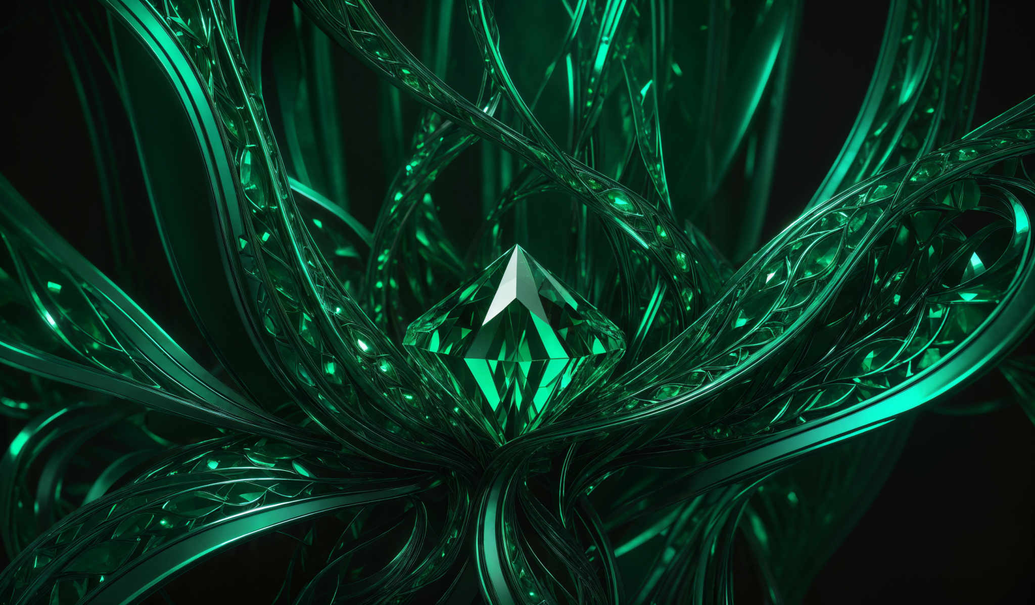 The image showcases a vibrant and intricate design with predominant shades of green. The central focus is a diamond-shaped object that appears to be made of a translucent material, possibly glass or crystal, with a reflective surface. Surrounding this diamond are intertwined, ornate structures that resemble organic or plant-like formations. These structures are made of the same translucence, with varying levels of detail, giving the image a sense of depth and complexity.