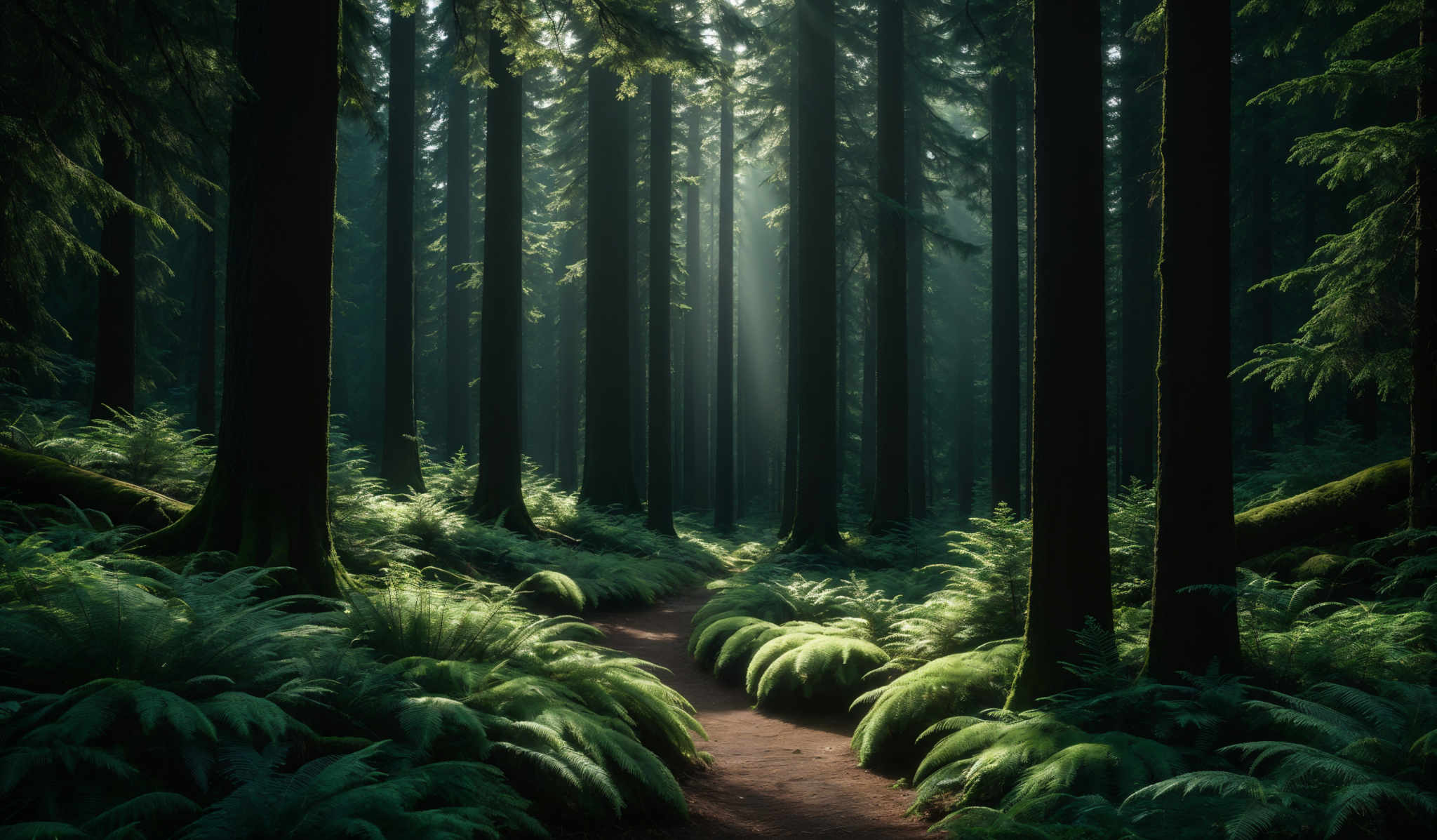 The image showcases a dense forest with tall, slender trees. The trees have a dark brown bark, and their trunks stand tall, reaching upwards. The forest floor is covered with lush green ferns, which appear to be swaying slightly. A narrow dirt path meanders through the fern-covered ground, leading the viewer's eye deeper into the forest. The light filtering through the trees creates a soft, ethereal glow, casting shadows and highlights on the forest floor.