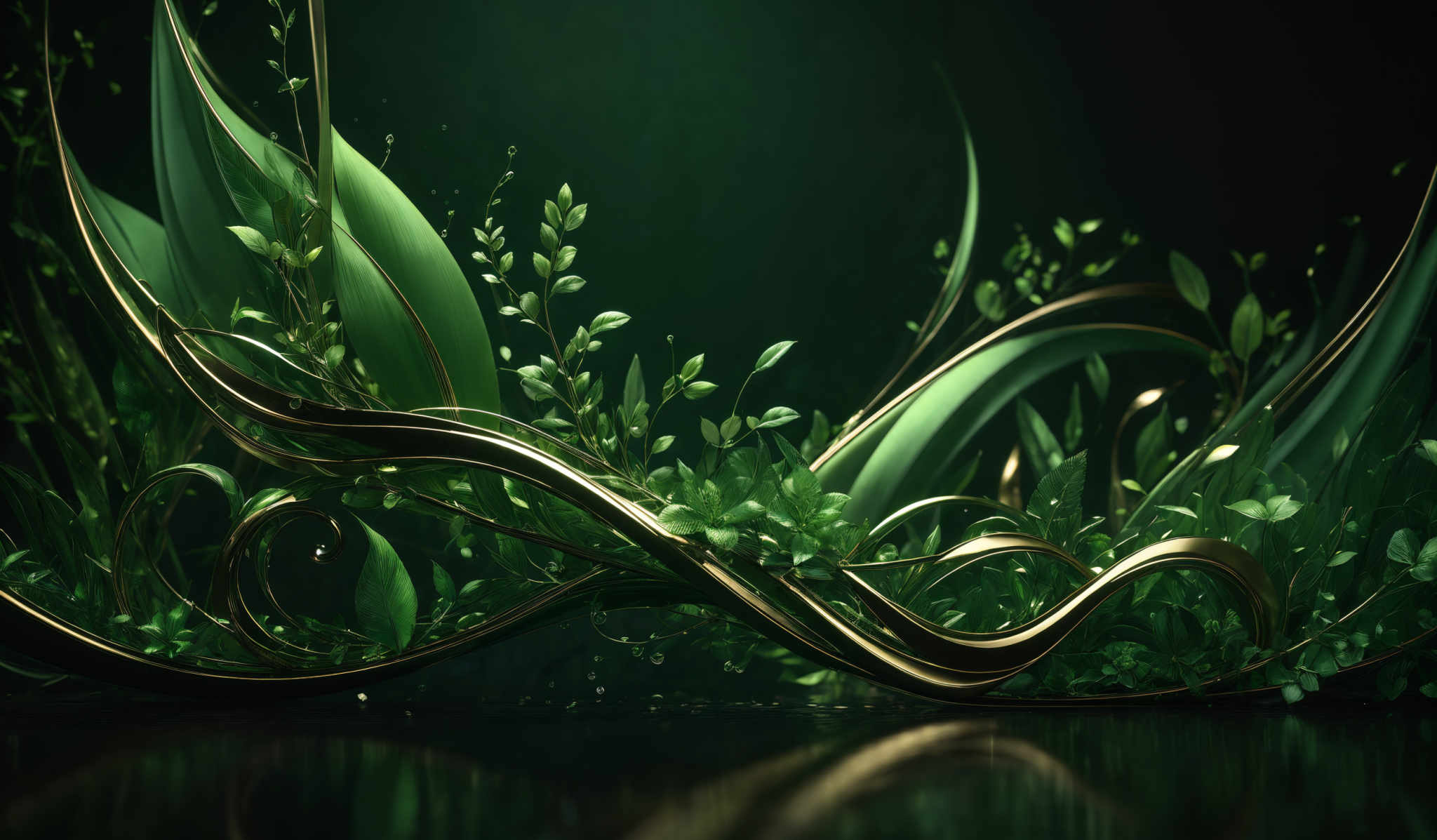 The image showcases a captivating blend of green and gold. The green is predominantly seen in the form of lush, leafy plants and vines that seem to be intertwining and growing in an organic manner. These green elements are contrasted by the shimmering gold accents, which appear as elegant, curving lines and tendrils. The gold gives the plants a regal and luxurious appearance. The background is dark, which accentuates the vibrancy of the green and the shine of the gold, creating a sense of depth and contrast.