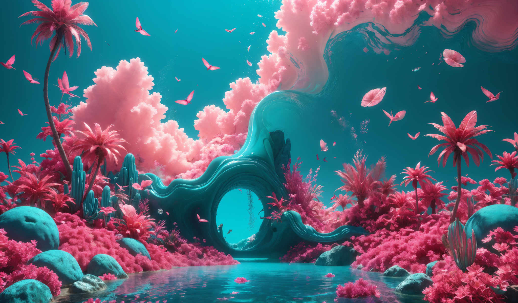 The image showcases a vibrant and surreal landscape. The dominant colors are shades of pink, turquoise, and blue. The landscape features tall pinkish-red palm trees, some of which have blue trunks. There are also large, rounded rocks scattered throughout the scene. Above, there's a swirling formation of pinks and blues, resembling clouds or perhaps a dreamy sky. The water below reflects the colors of the sky and the surrounding flora. The entire scene is teeming with pink butterflies, adding to the dreamy ambiance.