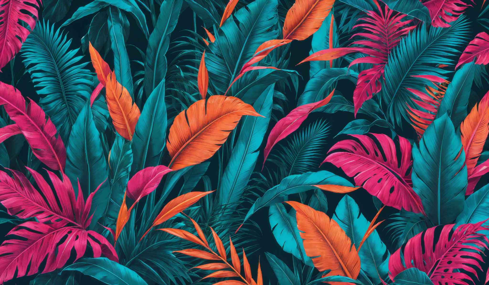 The image showcases a vibrant and colorful tropical pattern. It features a variety of leaves, predominantly in shades of green, pink, and orange. The leaves vary in shape, with some resembling elongated banana leaves and others having a more fan-like structure. The combination of these colors and shapes creates a lively and tropical ambiance.