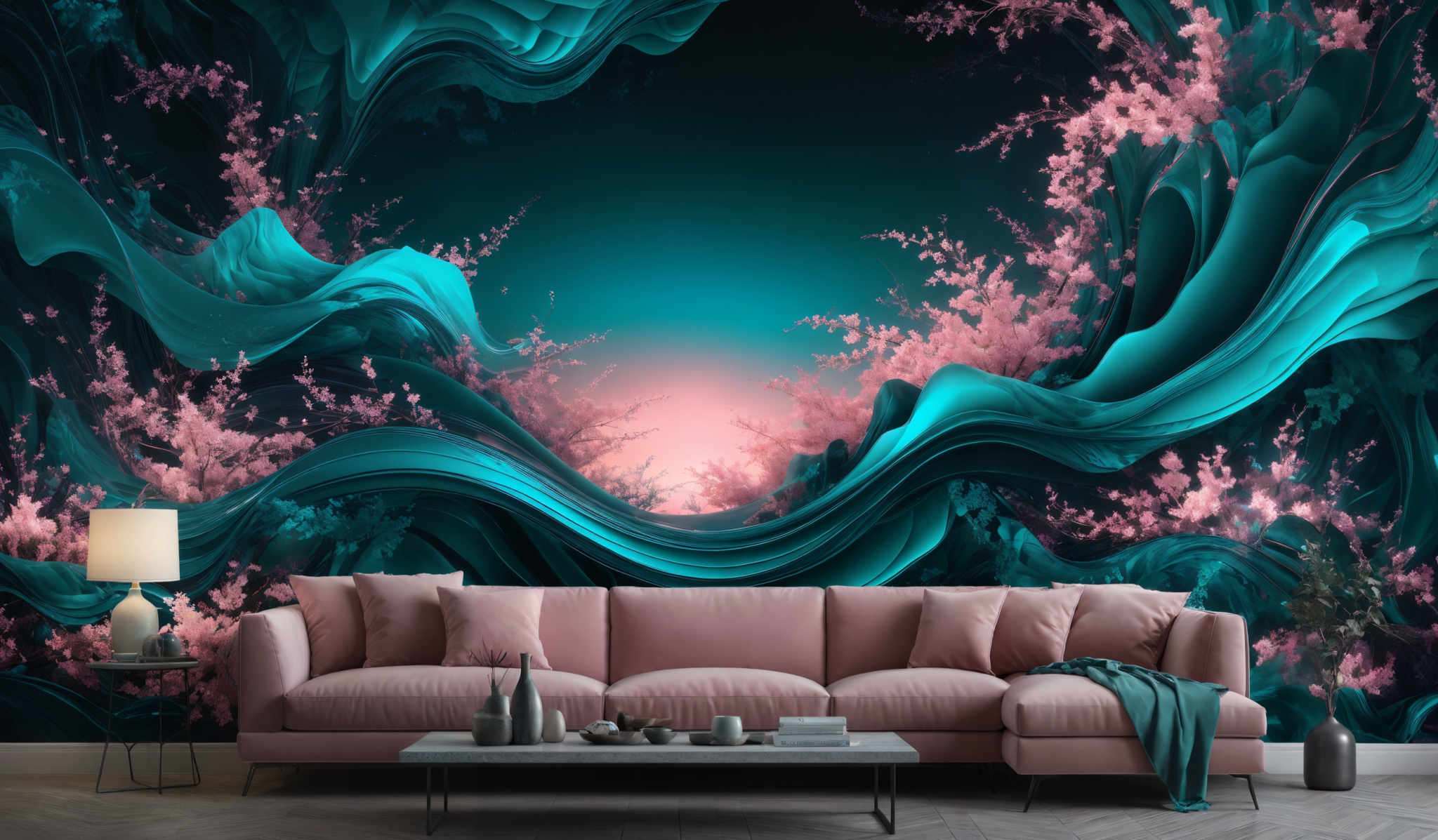 The image showcases a vibrant and artistic wall mural. The dominant colors are shades of blue and pink. The mural features fluid, wavy patterns that resemble flowing water or waves, intertwined with delicate pink floral branches. The background has a gradient of deep blue transitioning to a soft pink, creating a dreamy and ethereal atmosphere. The overall design is both modern and nature-inspired, making it a captivating focal point in the room.