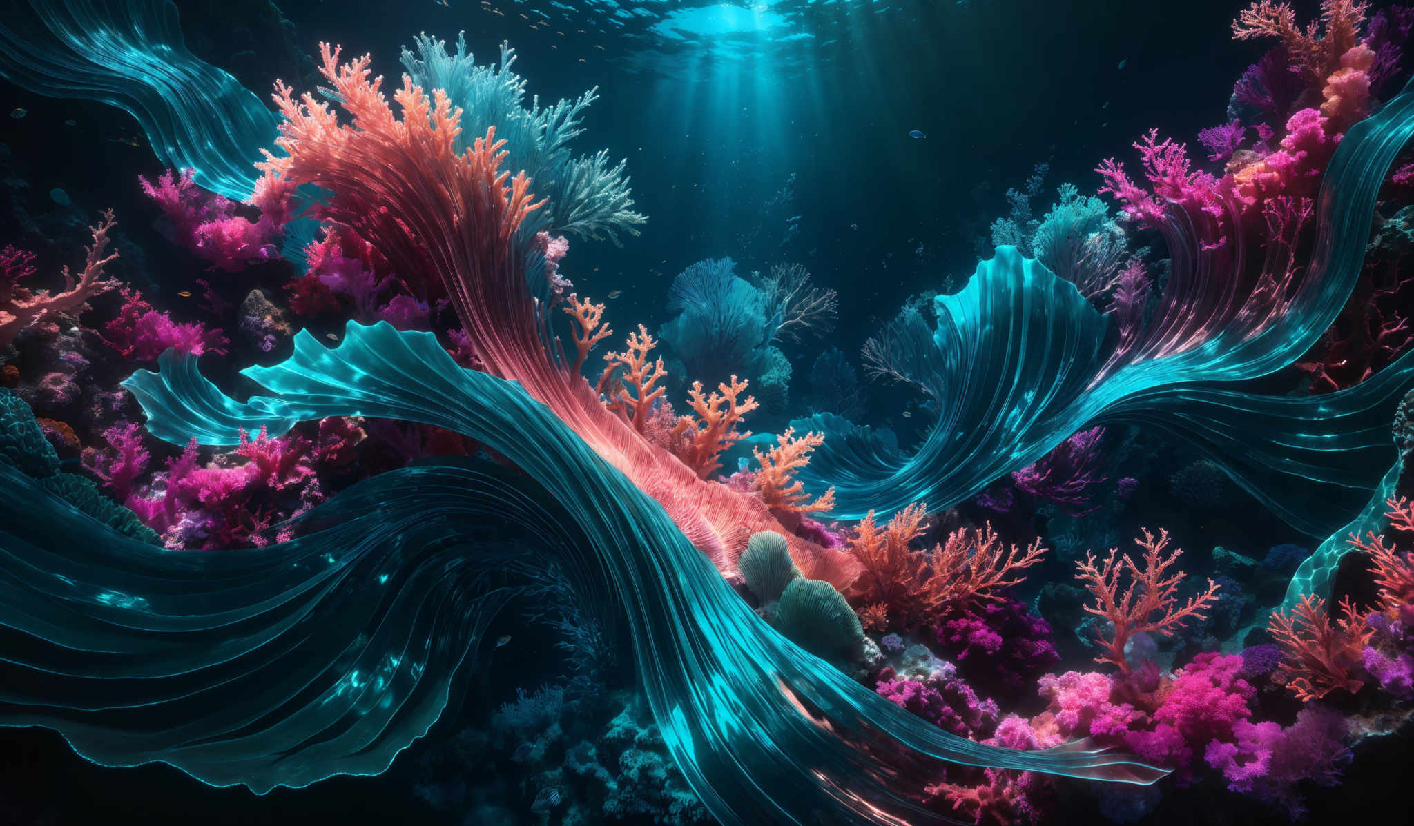 The image showcases a vibrant underwater scene. The dominant colors are shades of blue, pink, and orange. The shapes are fluid and wavy, resembling flowing water or coral structures. The image features a variety of marine life, including fish swimming in the background and a myriad of colorful corals and seaweeds in the foreground. The light from above filters through the water, creating a shimmering effect and highlighting the intricate details of the underwater world.