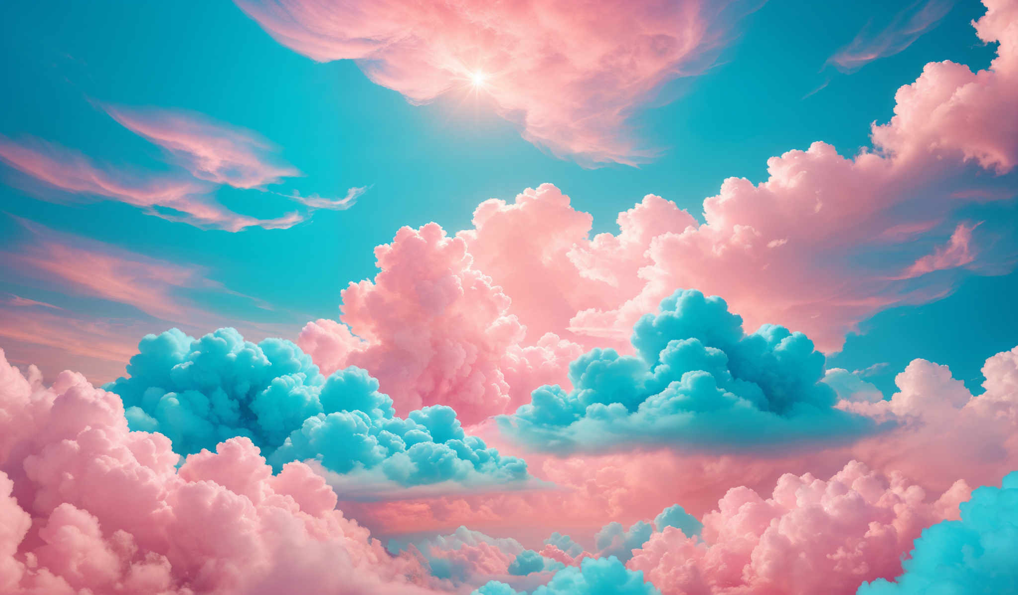 The image showcases a breathtaking sky filled with fluffy clouds. The clouds are painted in a myriad of colors, including soft pinks, vibrant blues, and whites. The shapes of the clouds vary, with some appearing as towering cumulus formations and others as wispy cirrus clouds. A radiant sun is seen shining from the top, casting its light upon the clouds, creating a dreamy and ethereal atmosphere.