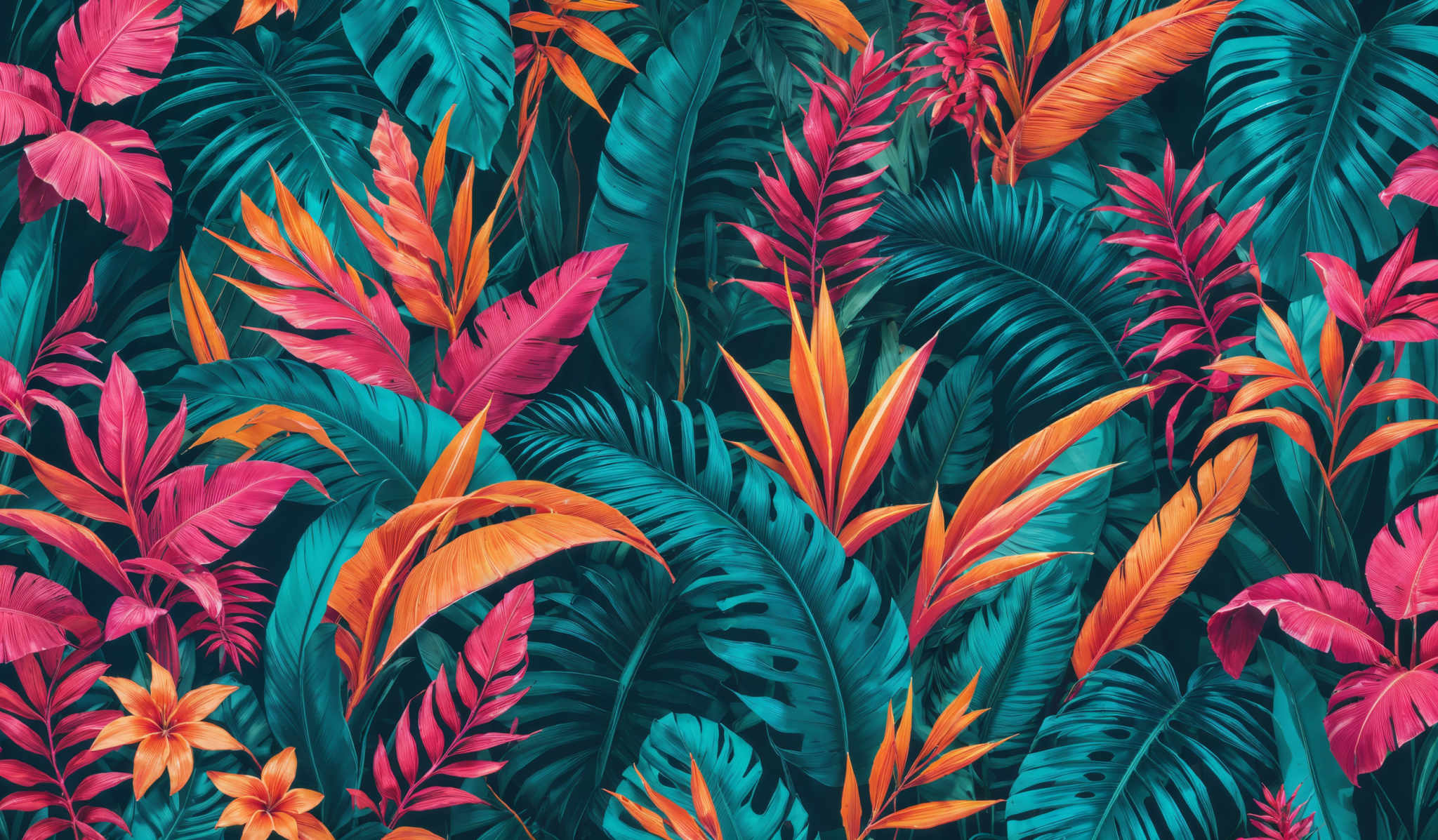 The image showcases a vibrant and colorful tropical pattern. It features a variety of leaves, predominantly in shades of green, pink, and orange. The leaves vary in shape, with some resembling broad palm fronds and others having slender, elongated forms. The combination of these colors and shapes creates a lively and dense jungle-like appearance.