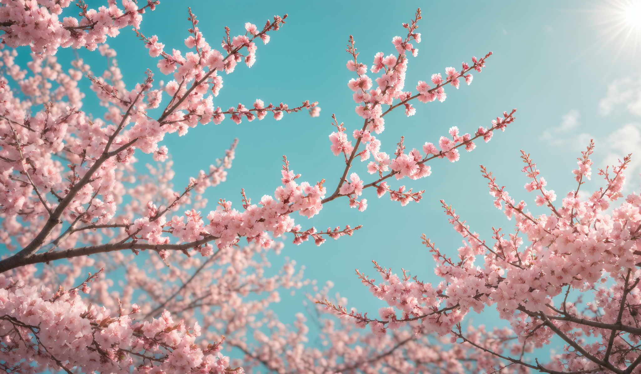 The image showcases a vibrant scene of cherry blossom trees in full bloom. The blossoms are a soft pink hue, clustered in small bunches on the tree branches. The branches themselves are slender and brown, contrasting beautifully with the sky. The sky is a clear blue with a few scattered clouds and a radiant sun shining brightly, casting a warm glow over the scene.