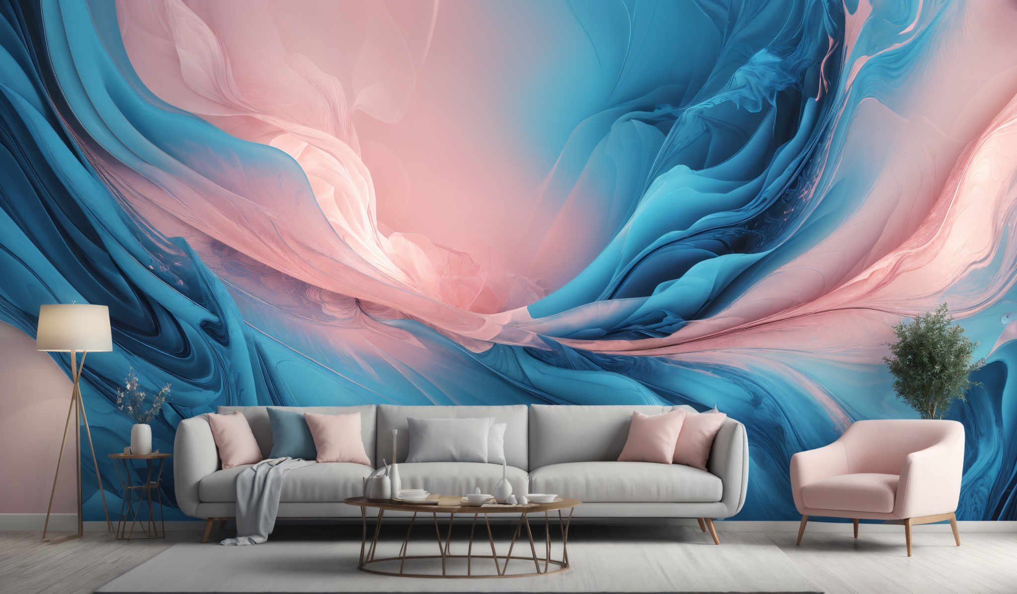 The image showcases a vibrant and dynamic wall mural with fluid-like patterns. The dominant colors are shades of blue and pink, creating a mesmerizing contrast. The shapes resemble swirling waves or abstract fluid art, giving the mural a dynamic and flowing appearance. The mural is positioned in a modern living room setting, complemented by a gray sofa, a pink armchair, and a minimalist coffee table.