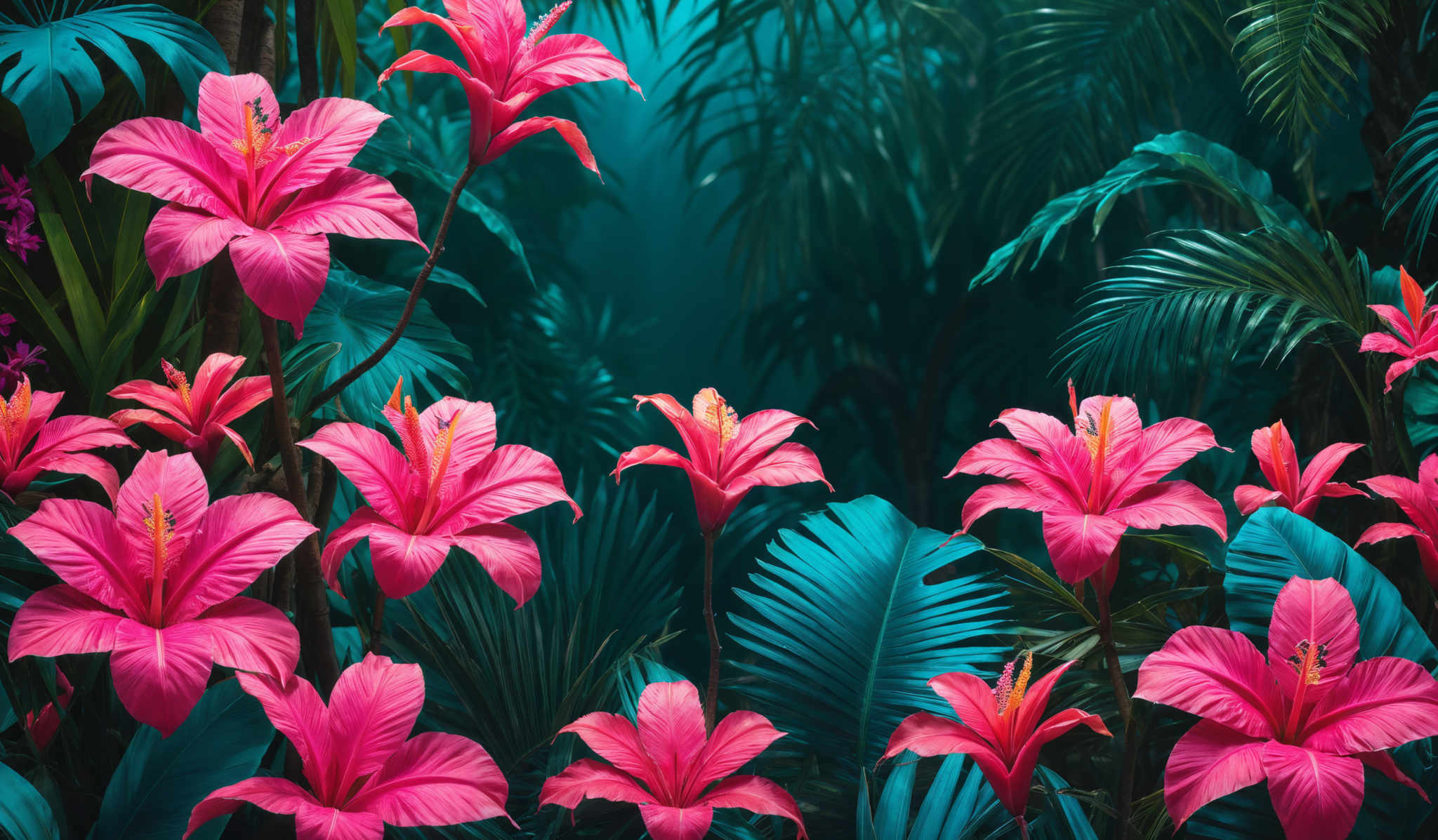 The image showcases vibrant pink flowers with intricate petal details. The flowers have a lily-like shape with multiple petals radiating outwards. The background is dominated by various shades of green, representing dense foliage, with hints of blue suggesting a mystical or serene ambiance. The overall composition gives a feeling of a tropical or jungle setting.