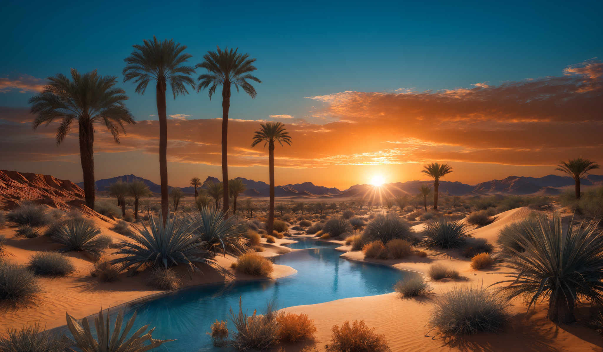 The image showcases a breathtaking desert landscape during sunset. The sky is painted with hues of orange, gold, and deep blue, with the sun setting on the horizon, casting a warm glow. The desert is dotted with tall palm trees, some of which are silhouetted against the setting sun. The ground is covered with golden sand dunes, interspersed with tufts of blue and green vegetation. A serene water body, possibly a wadi or an oasis, snakes its way through the desert, reflecting the colors of the sky. In the distance, mountain ranges can be seen, adding depth to the scene.