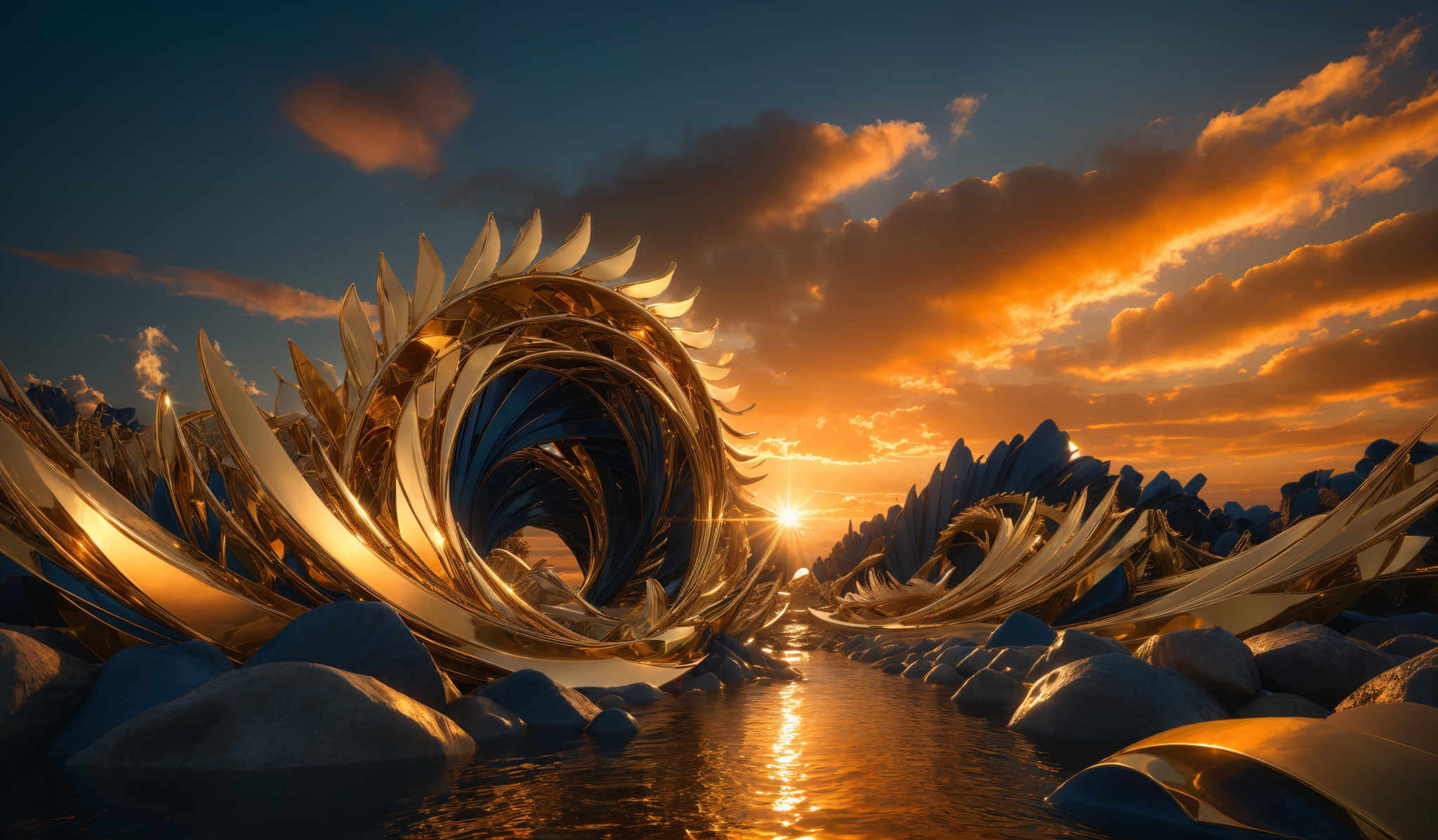 The image showcases a surreal landscape with a golden spiral structure that appears to be made of intertwined metallic rings. This structure is surrounded by a body of water with reflective properties, mirroring the golden hues of the sky. The sky itself is a vibrant mix of oranges, yellows, and blues, suggesting either a sunrise or sunset. There are also dark, jagged rock formations emerging from the water, adding contrast to the scene.