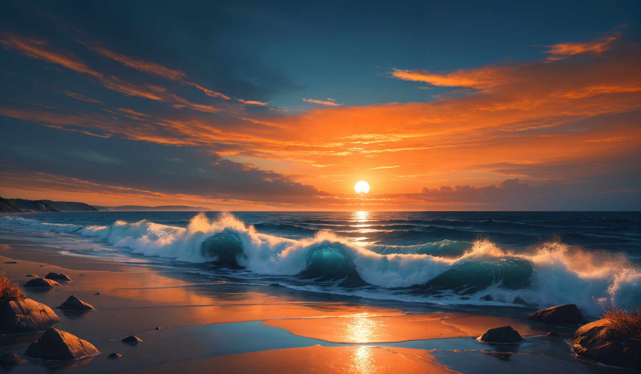 The image showcases a breathtaking sunset over a beach. The sky is painted with hues of orange, gold, and deep blue, with dramatic cloud formations illuminated by the setting sun. The sun itself is a bright, glowing orb, casting a warm glow over the waters below. Waves crash onto the shore, creating white foam and spray. The beach is adorned with dark rocks and some dried grass, adding contrast to the scene. In the distance, there's a hint of land or cliffs, silhouetted against the vibrant backdrop of the sky.