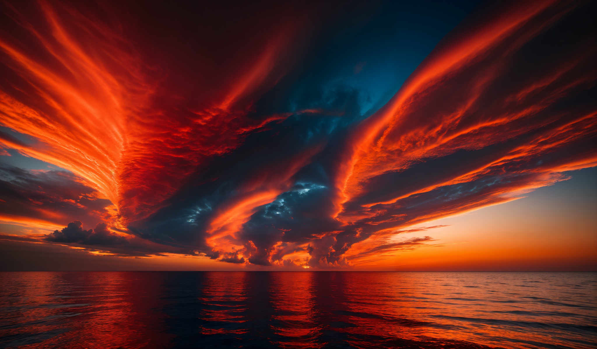 The image showcases a breathtaking view of the sky during sunset or sunrise. The sky is dominated by vibrant hues of red, orange, and deep blue. The clouds are dramatically illuminated, with some appearing fiery red and others taking on a deep blue shade. The cloud formations are intricate, with swirling patterns and layers, creating a mesmerizing effect. The sun is not directly visible, but its glow is reflected on the water below, creating shimmering reflections.