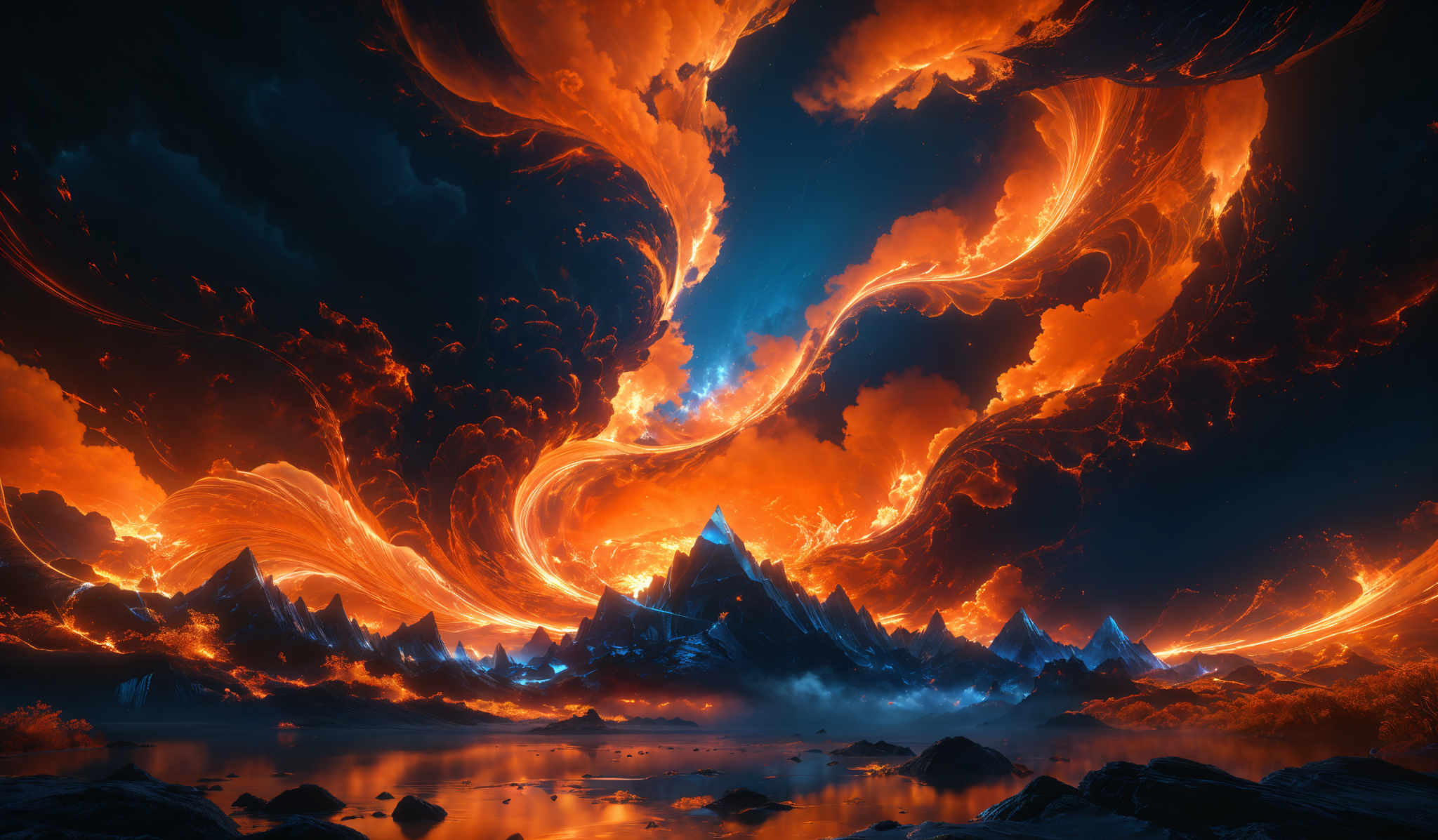 The image showcases a breathtaking scene of fiery elements intertwined with a serene landscape. Dominating the scene are swirling patterns of molten lava, emanating a vibrant orange-red glow. These fiery tendrils seem to rise and twist, creating an almost ethereal dance against a dark, stormy backdrop. Below, a range of jagged mountains stands tall, their peaks illuminated by the same fiery glow, contrasting with the cooler blues and grays of the surrounding environment. The landscape is further adorned with a calm body of water reflecting the fiery spectacle above, and scattered rocks dot the foreground. The entire scene is a harmonious blend of chaos and serenity.