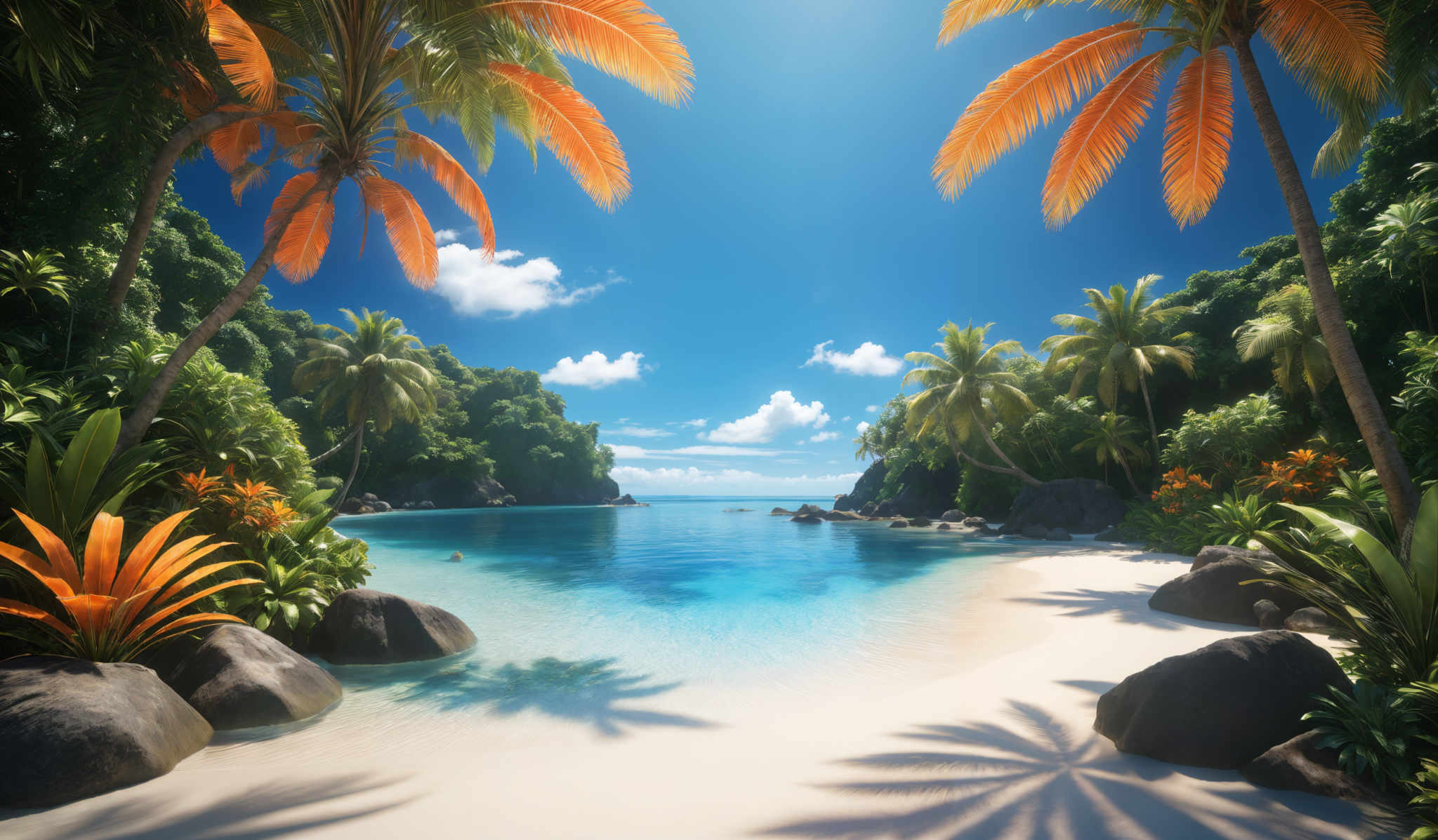 The image showcases a vibrant tropical beach scene. Dominating the foreground are tall palm trees with orange-yellow leaves, casting shadows on the sandy beach. The beach itself is pristine, with smooth white sand leading up to the clear blue waters of the ocean. The waters are calm, with a few scattered rocks visible near the shore. On the left side, there's a dense collection of tropical plants, including ferns and colorful flowers. The background reveals a coastline with more palm and other tropical vegetation, and the sky above is clear with a hint of clouds, suggesting a sunny day.