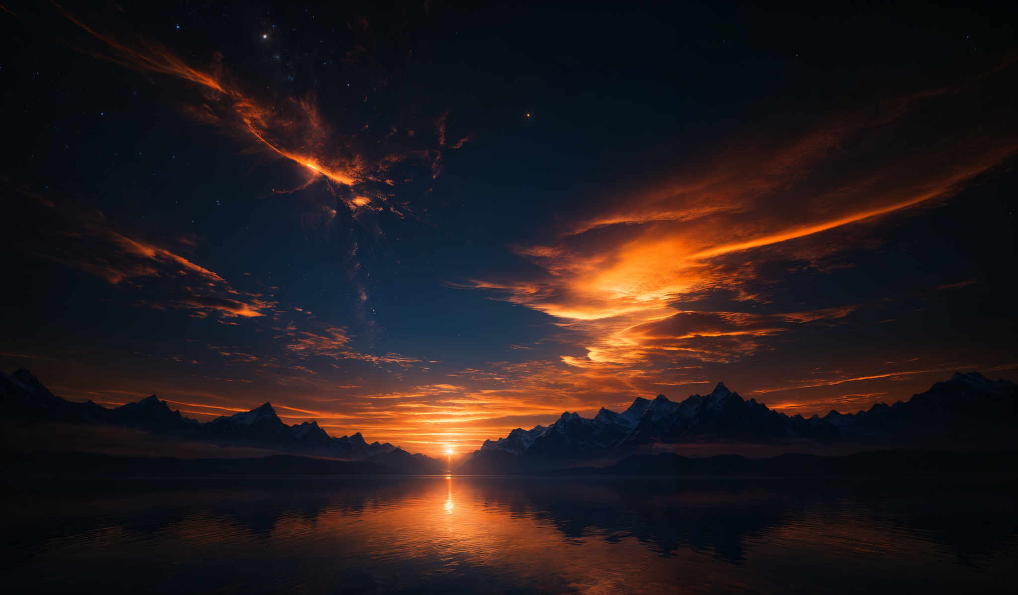 The image showcases a breathtaking landscape during what appears to be either dawn or dusk. The sky is painted with hues of deep blue, transitioning to fiery orange and red, with streaks of clouds illuminated by the setting or rising sun. The sun itself is a bright, glowing orb, casting a golden reflection on the calm waters below. In the distance, majestic mountain ranges rise, their peaks covered in snow. The mountains are silhouetted against the vibrant sky, creating a stark contrast. The overall scene is both serene and awe-inspiring, capturing the beauty of nature in its full glory.