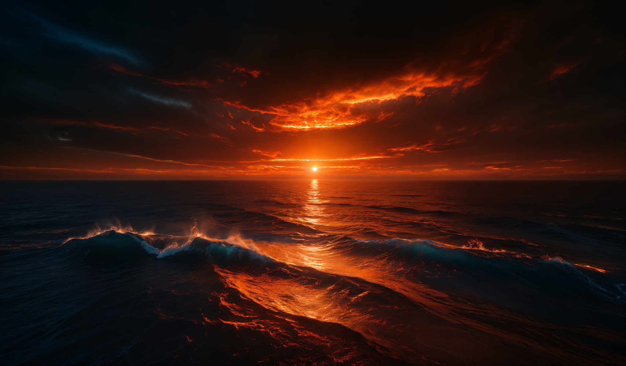 The image showcases a breathtaking sunset over the ocean. The sun is positioned near the horizon, casting a brilliant golden-orange hue across the sky. Dark, ominous clouds are present, contrasting with the fiery glow of the setting sun. Below, the ocean waves crash, creating white foam. The waves have a deep blue-green color, reflecting the sun's light. The overall scene is dramatic and evokes a sense of awe.