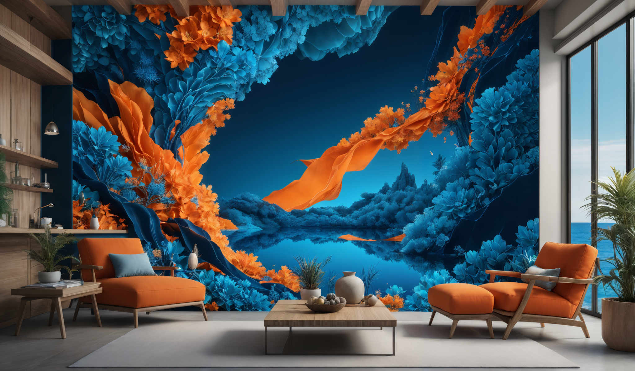 The image showcases a vibrant and artistic mural on the wall. The mural features a blend of deep blue and fiery orange colors, depicting what appears to be a surreal landscape with cascading waterfalls, floating islands, and intricate floral patterns. The waterfalls are rendered in a fluid, wavy manner, flowing from the top left corner downwards, intertwining with the orange floral motifs. The islands in the background are painted in shades of blue, giving an impression of calm waters reflecting the sky. The entire scene is set against a deep blue backdrop, creating a sense of depth and dimension.