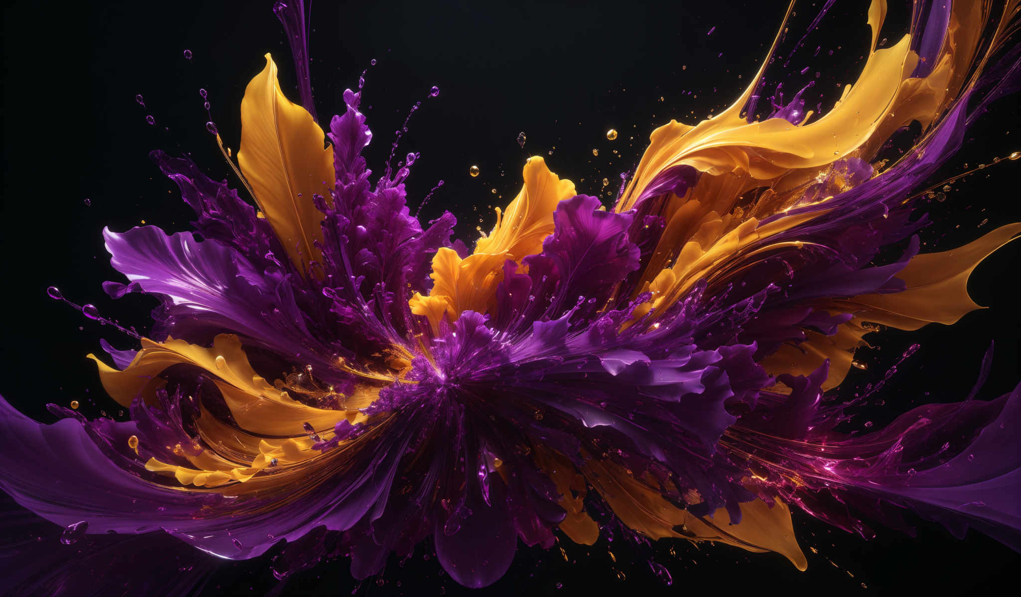 The image showcases a vibrant explosion of colors, predominantly shades of purple and gold. The shape resembles a burst or splash, reminiscent of ink or paint being thrown in the air. The purple forms intricate, swirling patterns, while the gold gives a contrasting, fiery appearance. The background is dark, which accentuates the brightness and dynamism of the colors.