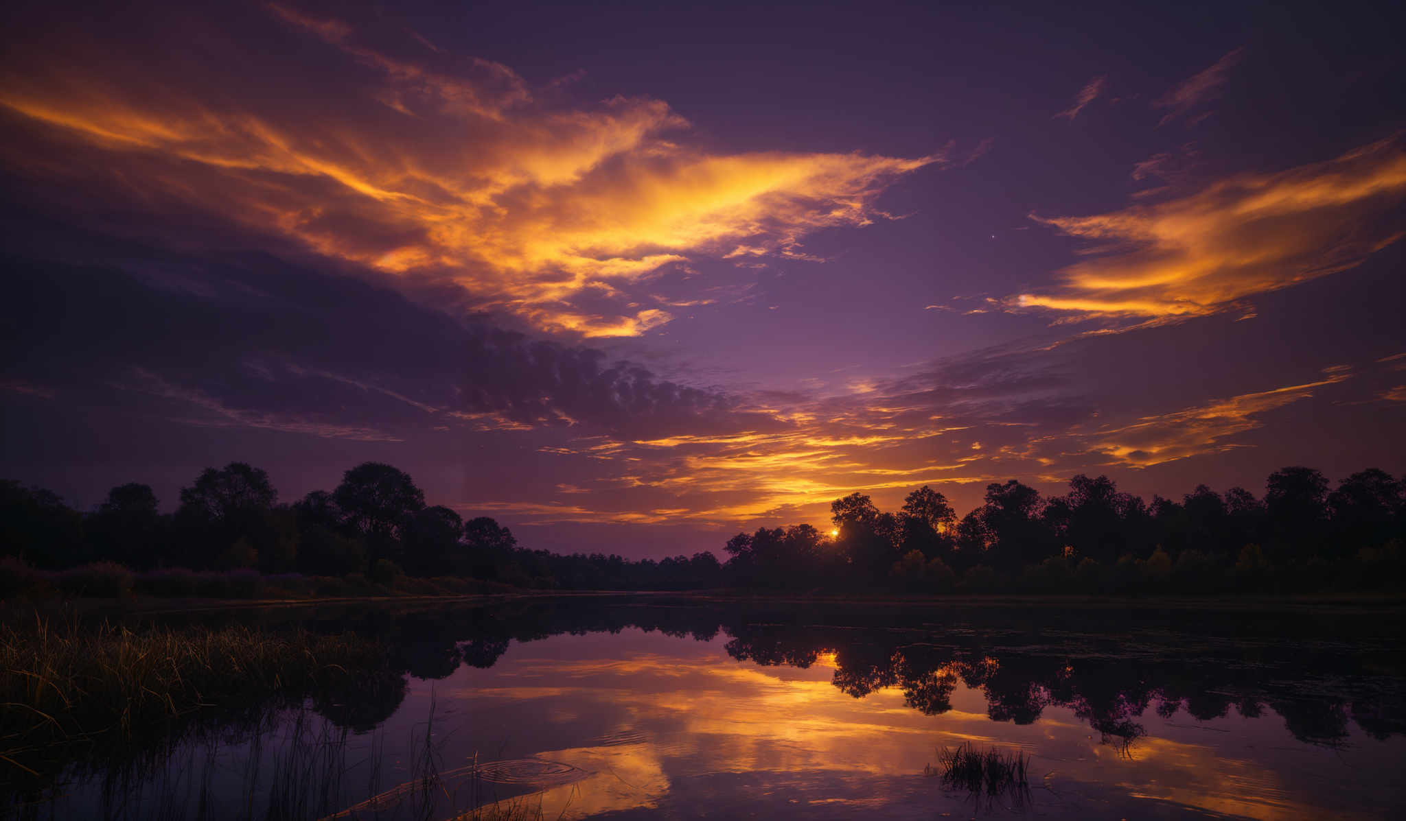 The image showcases a breathtaking sunset over a serene body of water. The sky is painted with a myriad of colors, predominantly shades of orange, gold, and deep purple. The clouds, illuminated by the setting sun, take on a fiery hue, with some appearing wispy and others more dense. The sun itself is a brilliant golden orb, casting a warm glow over the horizon. Below, the water reflects the sky's colors, creating a mirror-like effect. The silhouette of trees can be seen on the far side, their outlines darkened against the vibrant backdrop. The foreground features some grasses and reeds, adding texture to the scene.