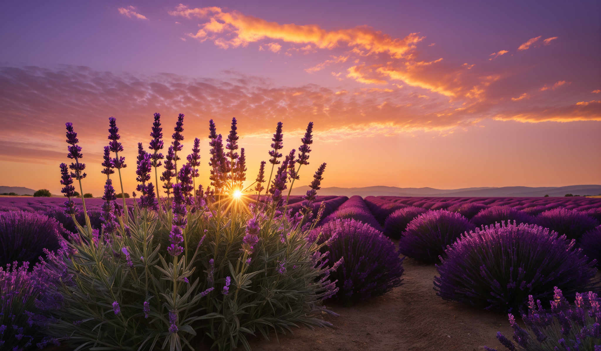 The image showcases a breathtaking landscape during sunset. The sky is painted with hues of purple, pink, and orange, with the sun setting in the background, casting a golden glow. The clouds are scattered, with some taking on a fiery orange hue from the sun's reflection. In the foreground, there are rows of lavender plants, with their tall, slender stems and purple blooms. The lavender fields stretch out as far as the eye can see, with each plant standing tall and in full bloom. The overall ambiance of the image is serene and picturesque.