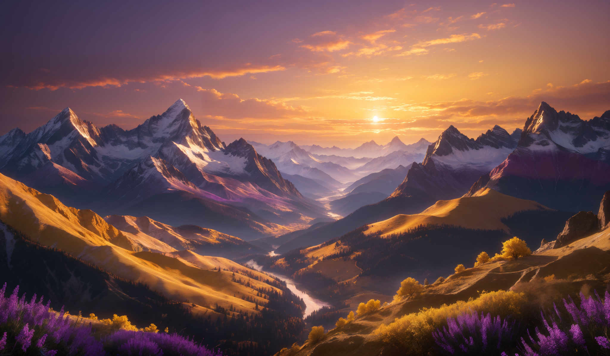 The image showcases a breathtaking landscape during sunset. The sky is painted with hues of orange, pink, and purple, with the sun setting in the background. The mountains are majestic, with sharp peaks covered in snow. The valleys between the mountains are filled with lush greenery, and there's a river winding its way through the valley. In the foreground, there are fields of golden-yellow flowers, and a few trees can be seen. The overall scene is serene and captivating.