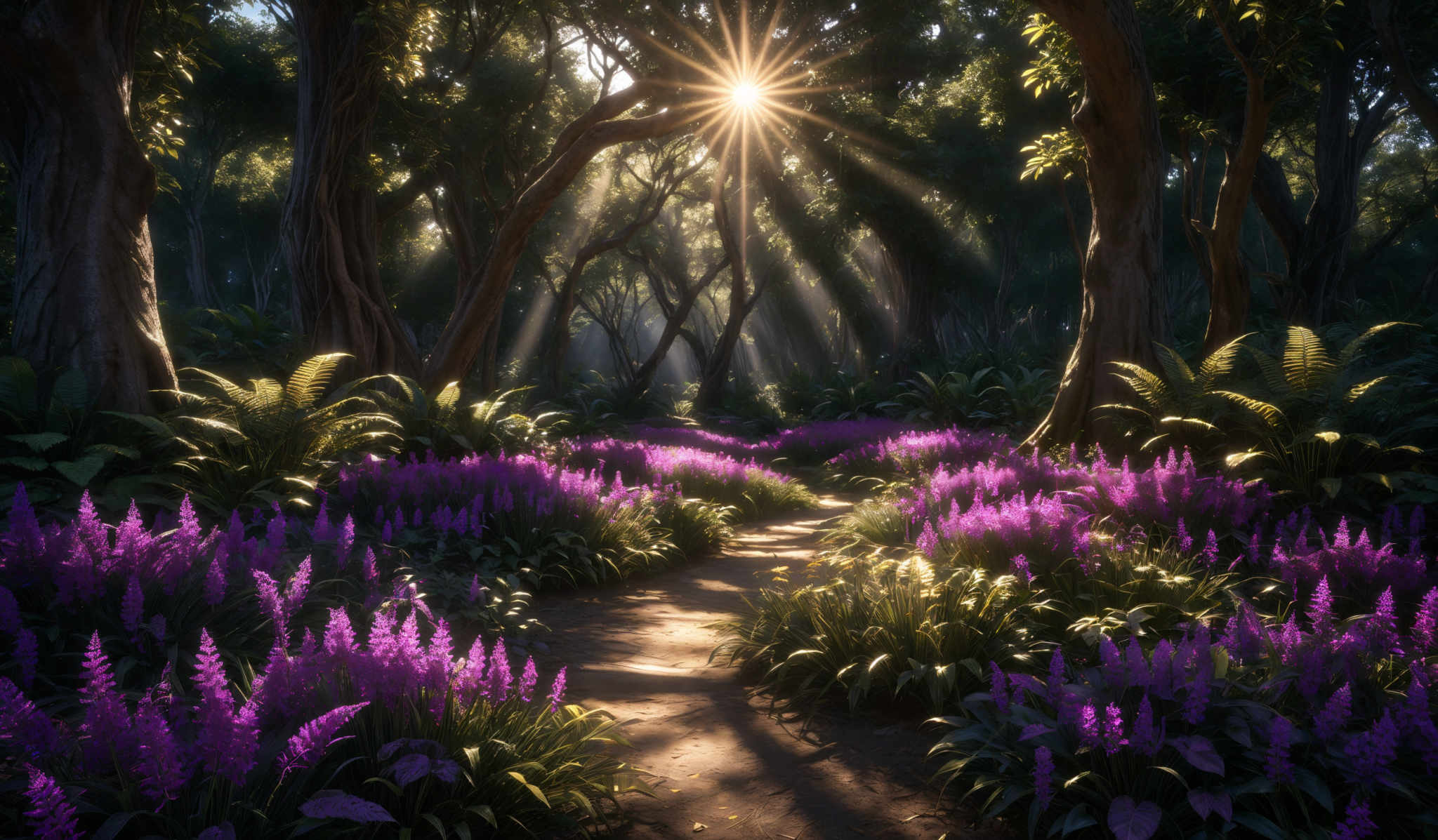 The image showcases a serene forest scene during what appears to be early morning or late afternoon, given the angle of the sunlight. The sun's rays pierce through the dense canopy, casting a warm, golden hue over the landscape. The forest is lush with tall trees, their trunks thick and twisted. The ground is covered with vibrant purple flowers, interspersed with green foliage. Ferns and other undergrowth can be seen in the foreground. The pathway, made of dirt, meanders through the flowers, leading the viewer's eye deeper into the forest.