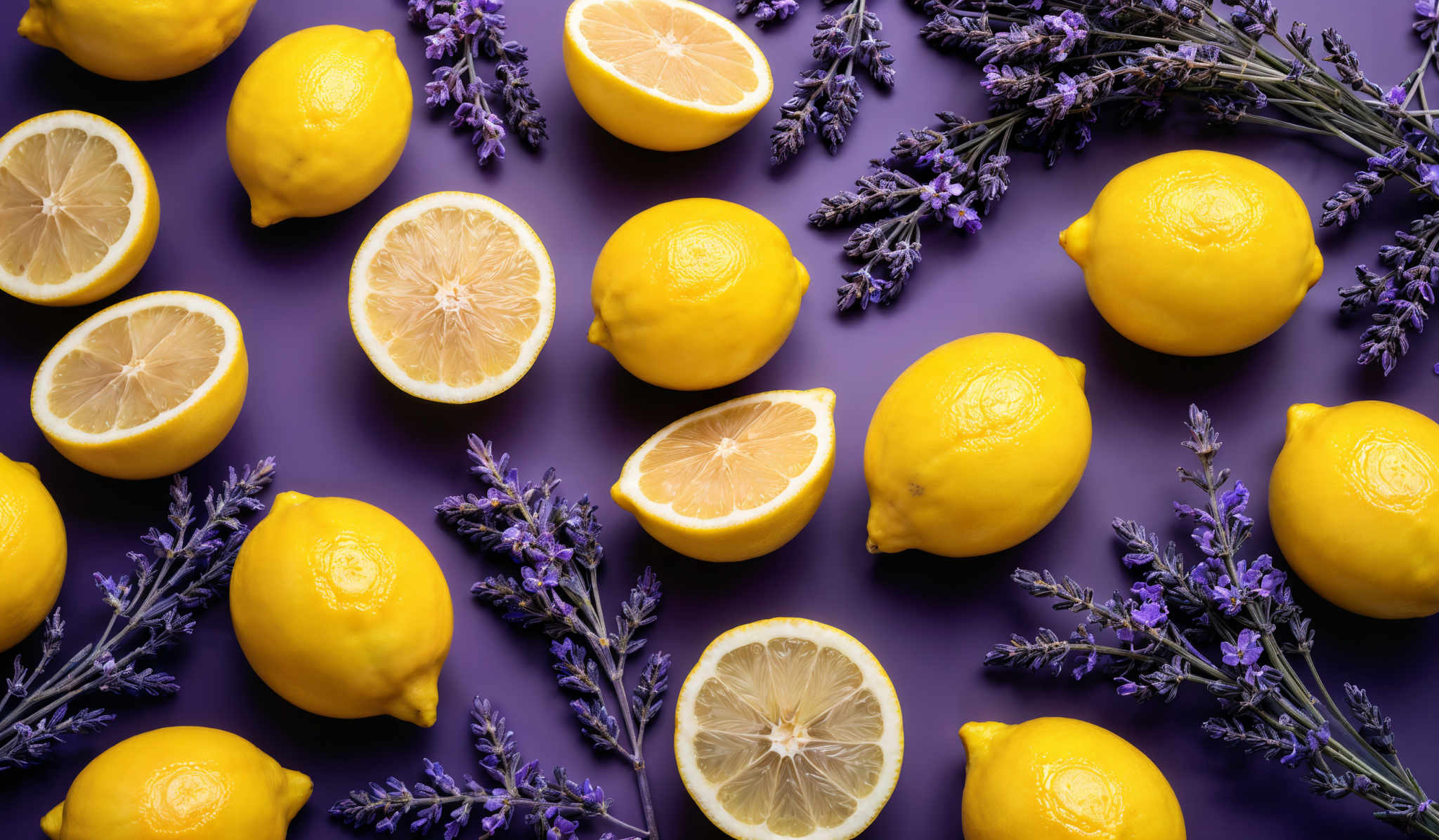 The image showcases a vibrant display of lemons and lavender sprigs. The lemons are bright yellow, spherical in shape, and some are cut open, revealing their juicy, translucent interiors. The lavender is a deep purple-blue, with delicate, elongated flower spikes. The arrangement is symmetrical, with the lemons scattered around and the lavender spikes intertwined among them.