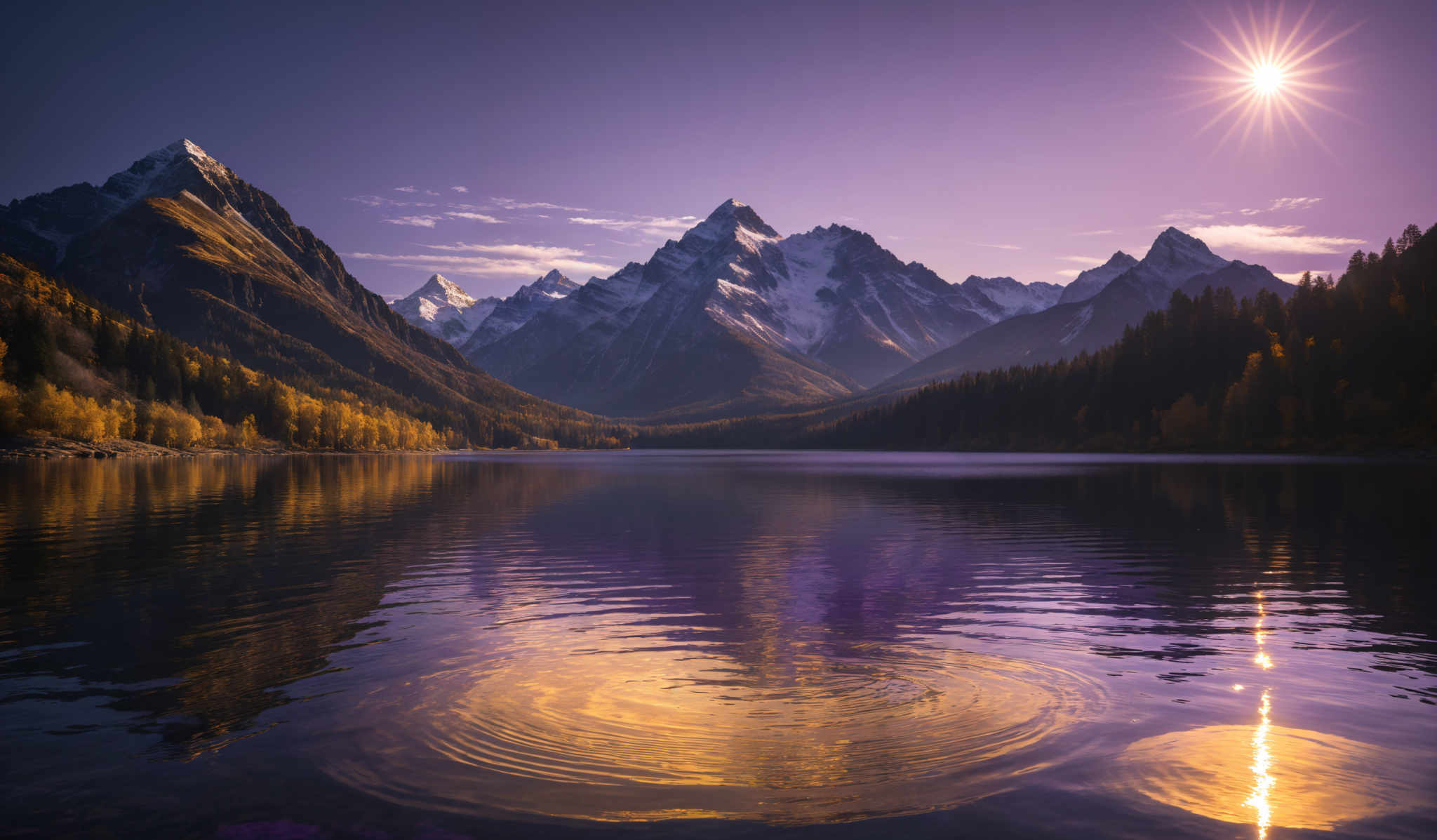 The image showcases a breathtaking landscape with a serene lake in the foreground. The lake's water reflects the surrounding scenery, creating a mirror-like effect. Dominating the background are majestic mountains with jagged peaks, some of which are covered in snow. The mountains are flanked by dense forests with trees displaying autumnal hues of gold and yellow. Above, the sky is painted in shades of purple and blue, with a bright sun shining from the right side, casting a radiant glow. The sun's rays create a beautiful pattern on the water's surface, with concentric circles emanating from the point of reflection.