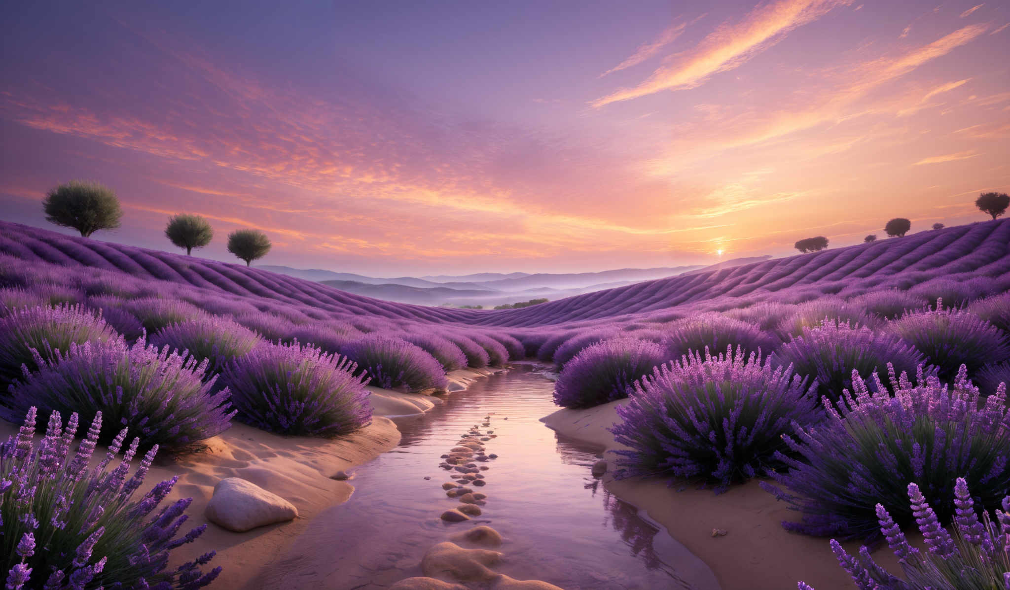 The image showcases a breathtaking landscape during sunset. The sky is painted with hues of orange, pink, and purple, with the sun setting in the distance. The horizon is adorned with a few trees, standing tall against the backdrop of the setting sun. Below, a series of lavender fields stretch out in neat rows, with their vibrant purple blooms contrasting beautifully against the golden sandy pathway that meanders through the fields. The pathway is lined with smooth, rounded stones. The overall scene exudes a sense of tranquility and natural beauty.