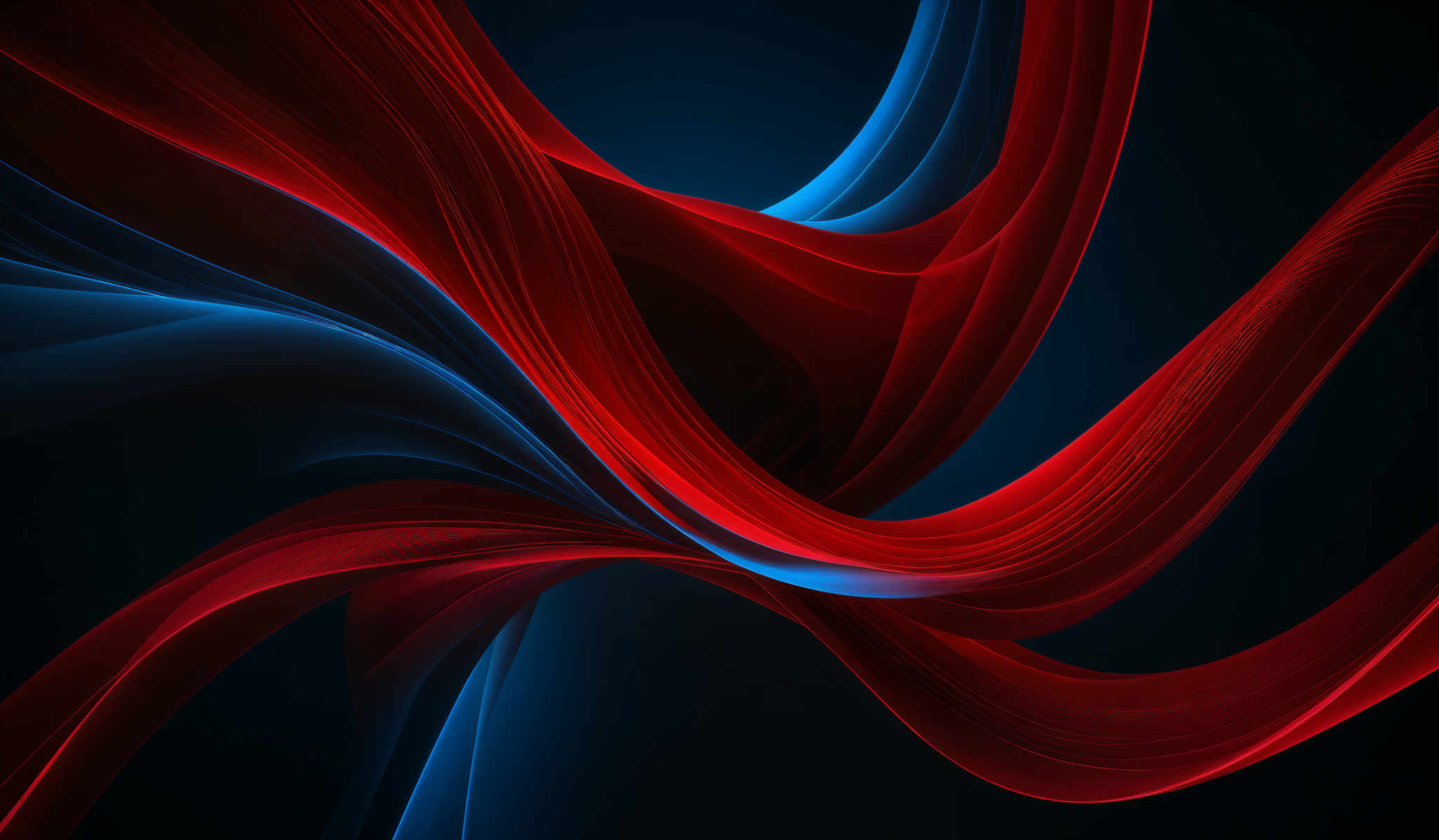 The image showcases a vibrant and dynamic interplay of colors. Dominantly, there are swirling patterns of red and blue. The red appears to be a deep, fiery shade, while the blue is a cooler, icy hue. The shapes are fluid and wavy, giving an impression of movement and flow. The intertwining of these colors creates a visually striking contrast, with the reds appearing to pull the viewer inward and the blues providing a calming counterpoint.