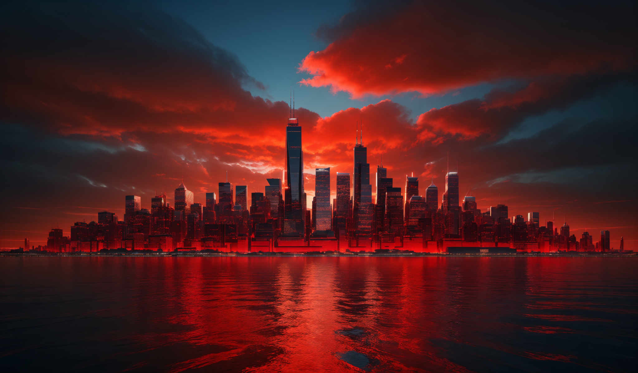 The image showcases a city skyline during what appears to be either sunrise or sunset. The sky is dominated by hues of red, orange, and dark blue, with dramatic cloud formations. The city's buildings, reflecting the fiery sky, are tall and modern, with a mix of rectangular and curved structures. The water in the foreground mirrors the city' skyline, adding depth to the scene. The overall ambiance is one of warmth and vibrancy, contrasted by the serene reflection in the water.