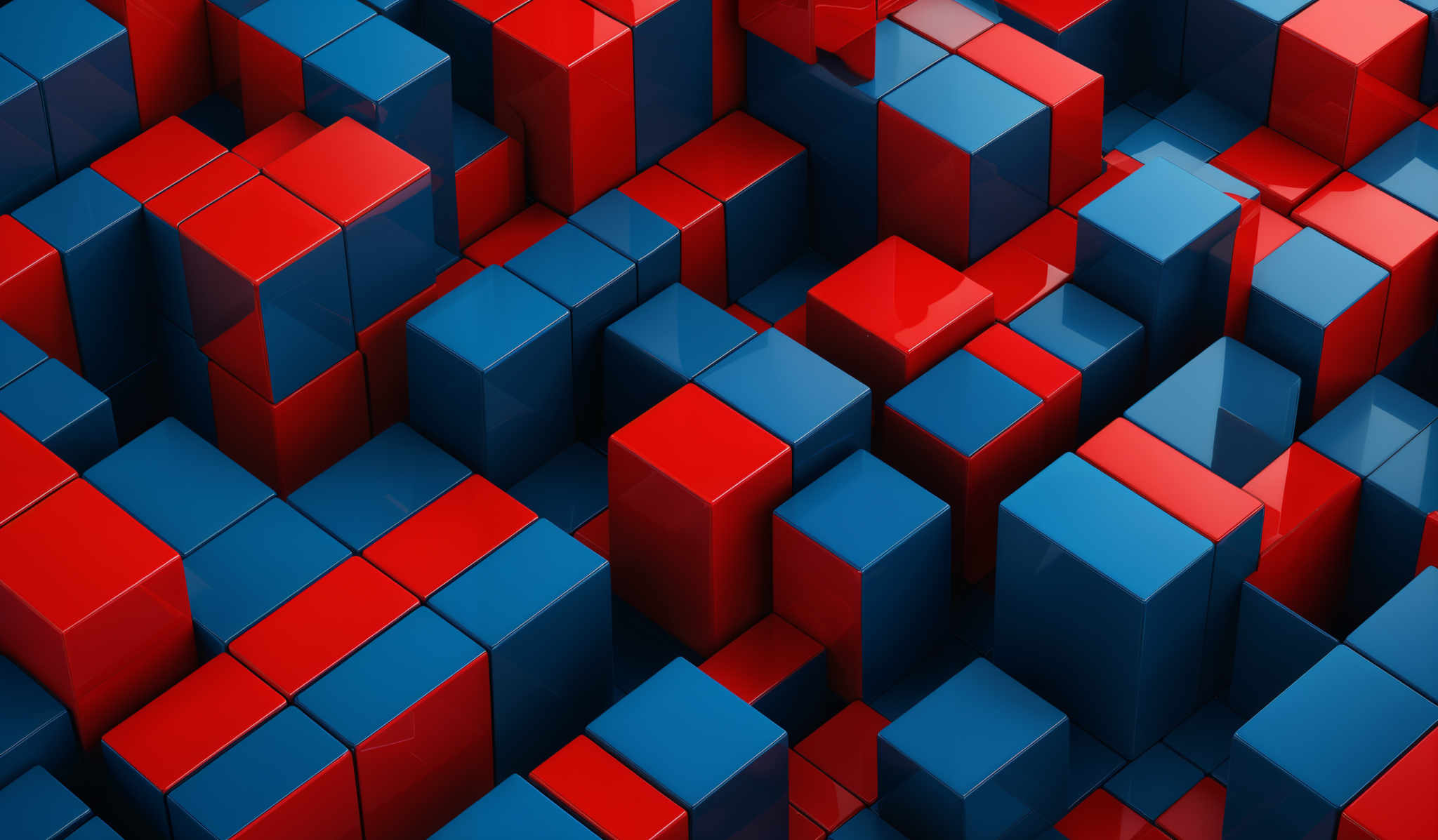 The image showcases a 3D arrangement of cubes. The cubes are colored either red or blue. The red cubes have a glossy finish, reflecting light, while the blue ones appear matte. The arrangement is dense, creating a visually intricate and dynamic pattern.