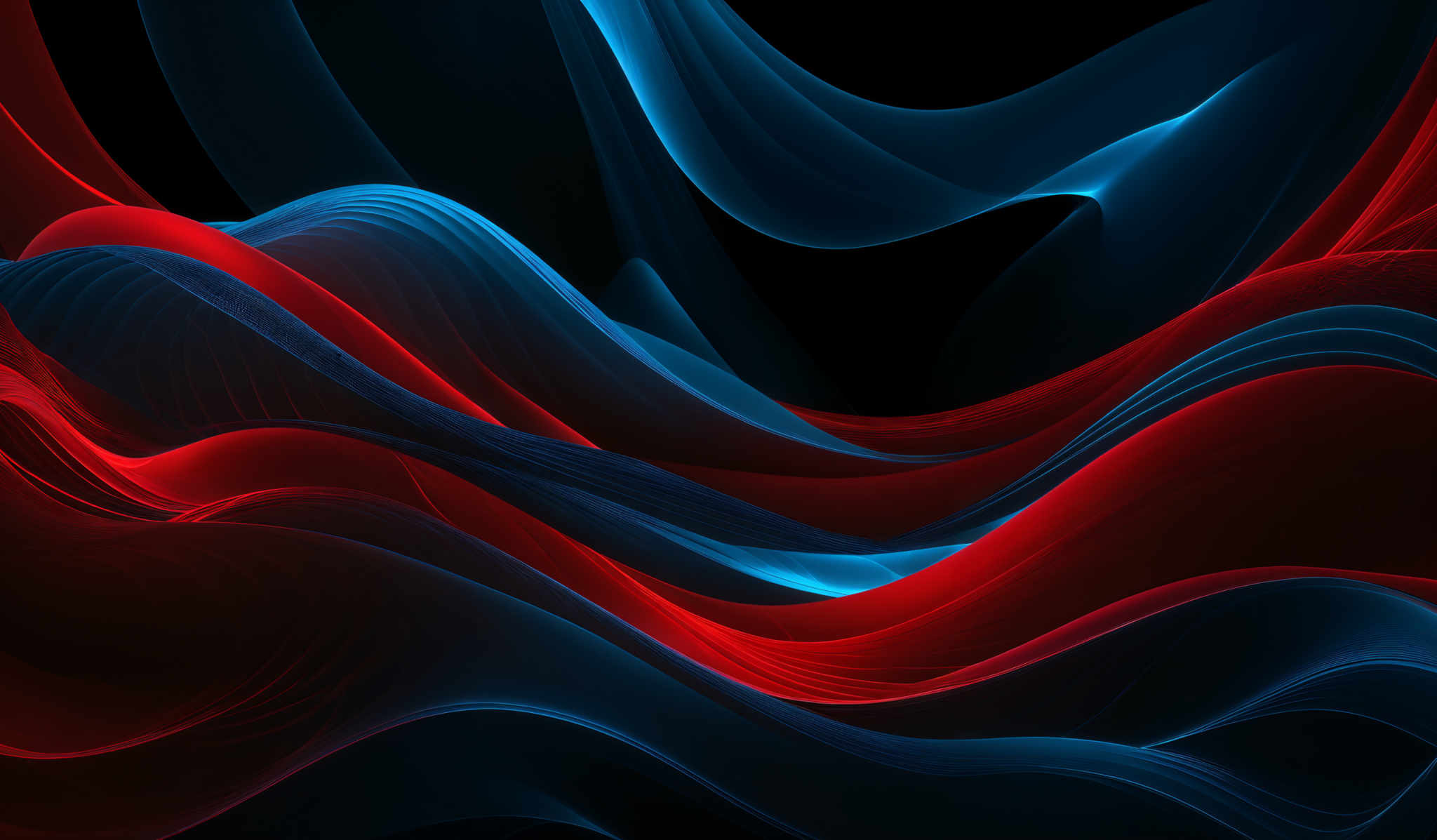 The image showcases a vibrant and dynamic abstract design. It predominantly features swirling patterns of red and blue. The red forms intricate, wavy lines that intertwine with the blue, creating a visually striking contrast. The overall shape resembles flowing fabric or waves, giving the image a fluid and dynamic feel. The background is dark, which accentuates the vividness of the red and the translucence of the blue.