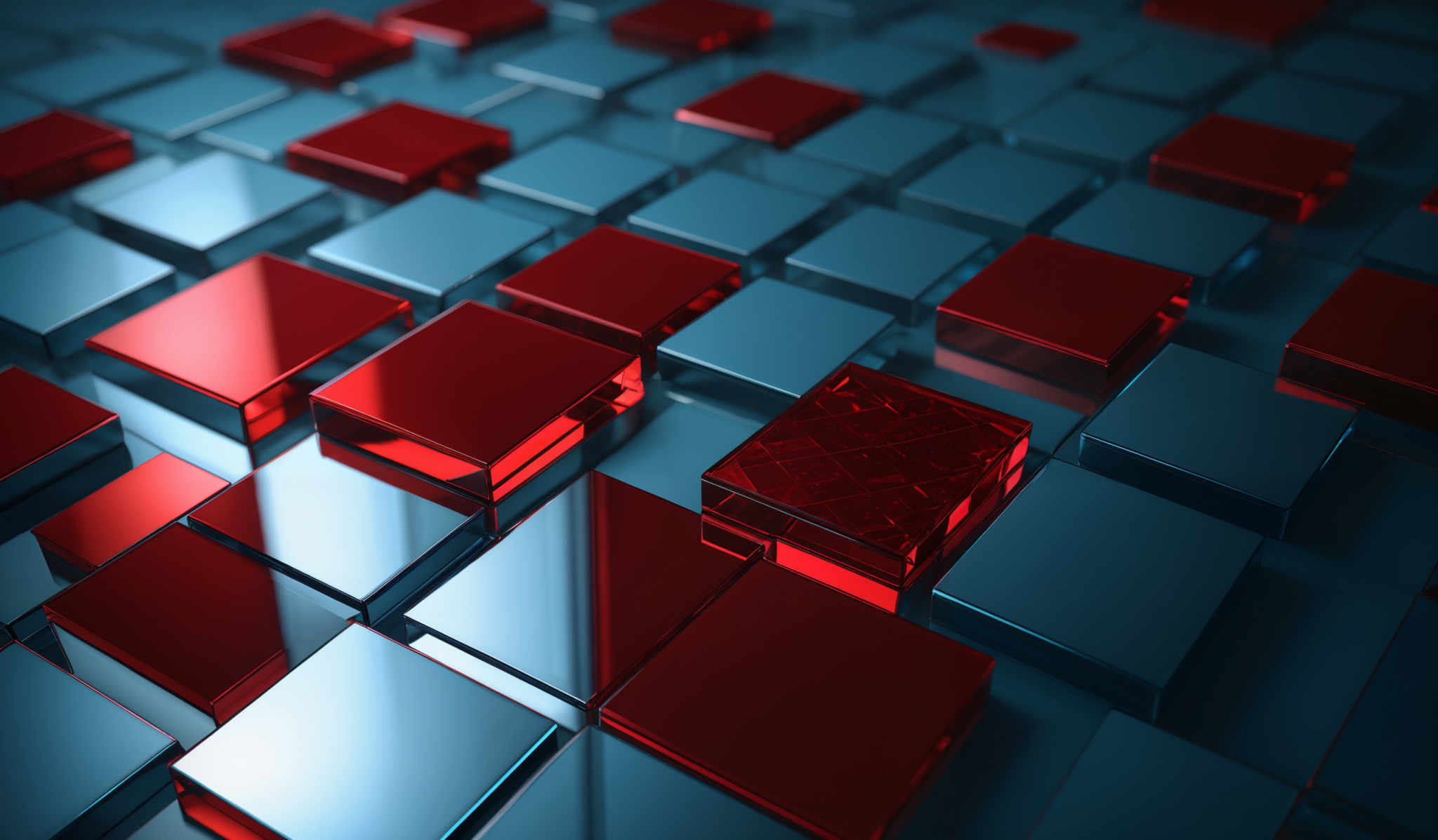 The image showcases a 3D arrangement of cubes. The majority of the cubes are metallic, reflecting a deep blue hue. However, there are several red cubes interspersed among them, which have a unique, intricate pattern on their surface. The overall design gives a modern, tech-inspired feel.