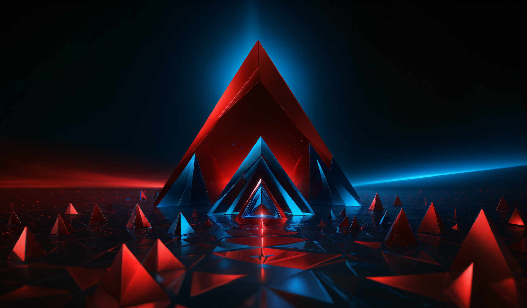 The image showcases a vibrant and dynamic digital artwork. It predominantly features a large, triangular prism in the center, emanating a radiant blue glow. This central prism is surrounded by smaller triangular structures, some of which are illuminated in red. The background is a deep, dark space with a gradient of red to blue, creating a contrasting and visually striking effect. The entire scene is bathed in a neon light, giving it a futuristic and otherworldly ambiance.