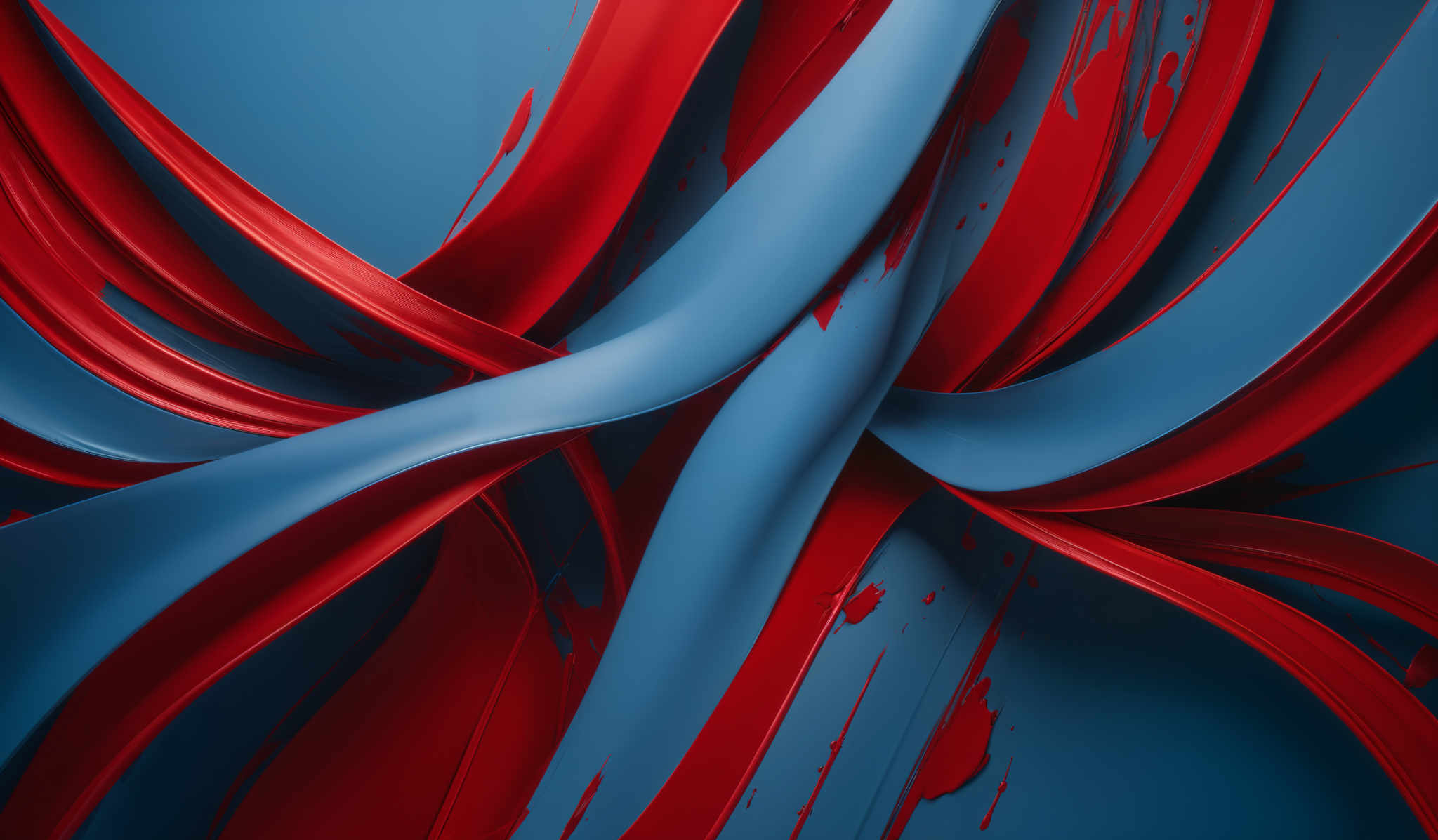 The image showcases a vibrant and dynamic interplay of colors. The dominant colors are deep blue and fiery red. The shapes are fluid and wavy, resembling flowing ribbons or streamers. The red appears to be splashed or dripped onto the blue, creating a contrast and adding depth to the composition. The overall effect is both mesmerizing and energetic, evoking feelings of motion and dynamism.