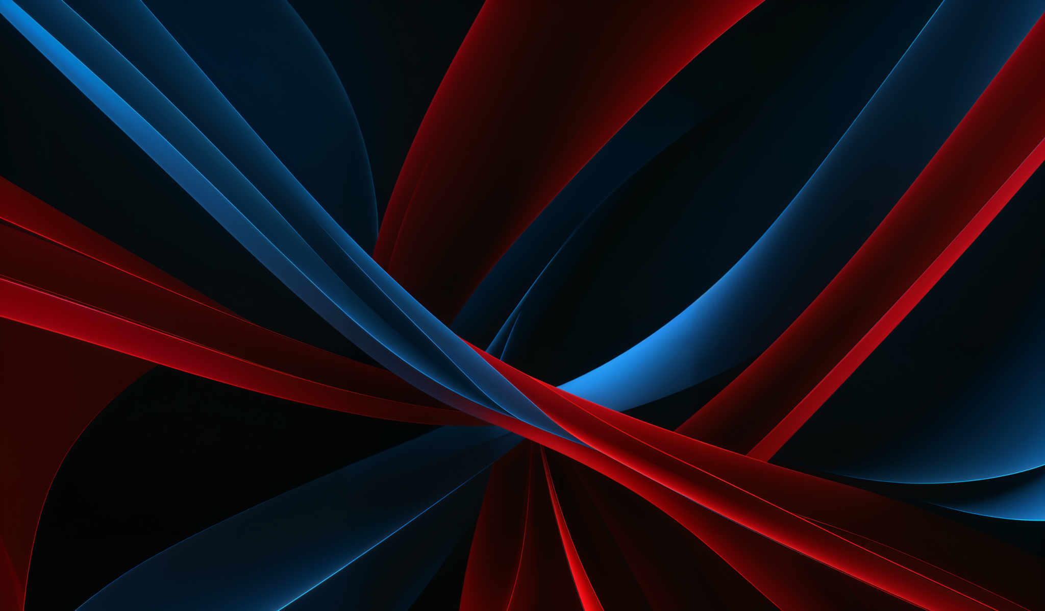 The image showcases a vibrant and dynamic abstract design. It predominantly features two contrasting colors: deep blue and fiery red. These colors intertwine and overlap in a swirling pattern, creating a visually captivating effect. The shapes are fluid and curvy, resembling flowing ribbons or waves. The interplay of the colors and shapes gives the image a sense of movement and energy.