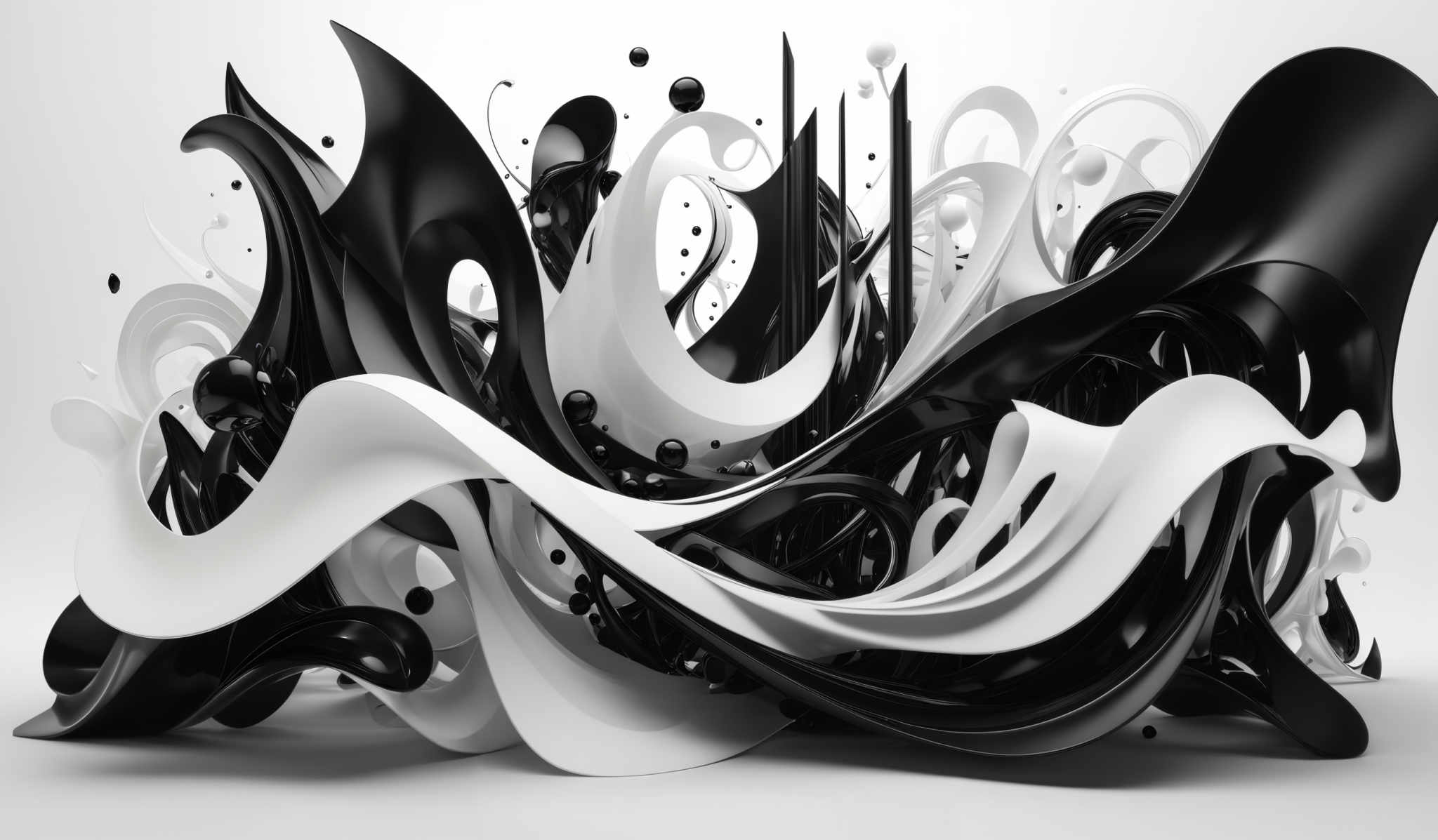 The image showcases a dynamic and abstract composition of shapes. The dominant colors are black and white, with black being the predominant color, forming intricate swirls, curves, and structures. The white shapes contrast sharply with the black, adding depth and dimension to the composition. The shapes are fluid, almost liquid in appearance, with some parts appearing to flow and merge with others. The overall effect is both chaotic and harmonious, creating a visually captivating and thought-provoking piece.