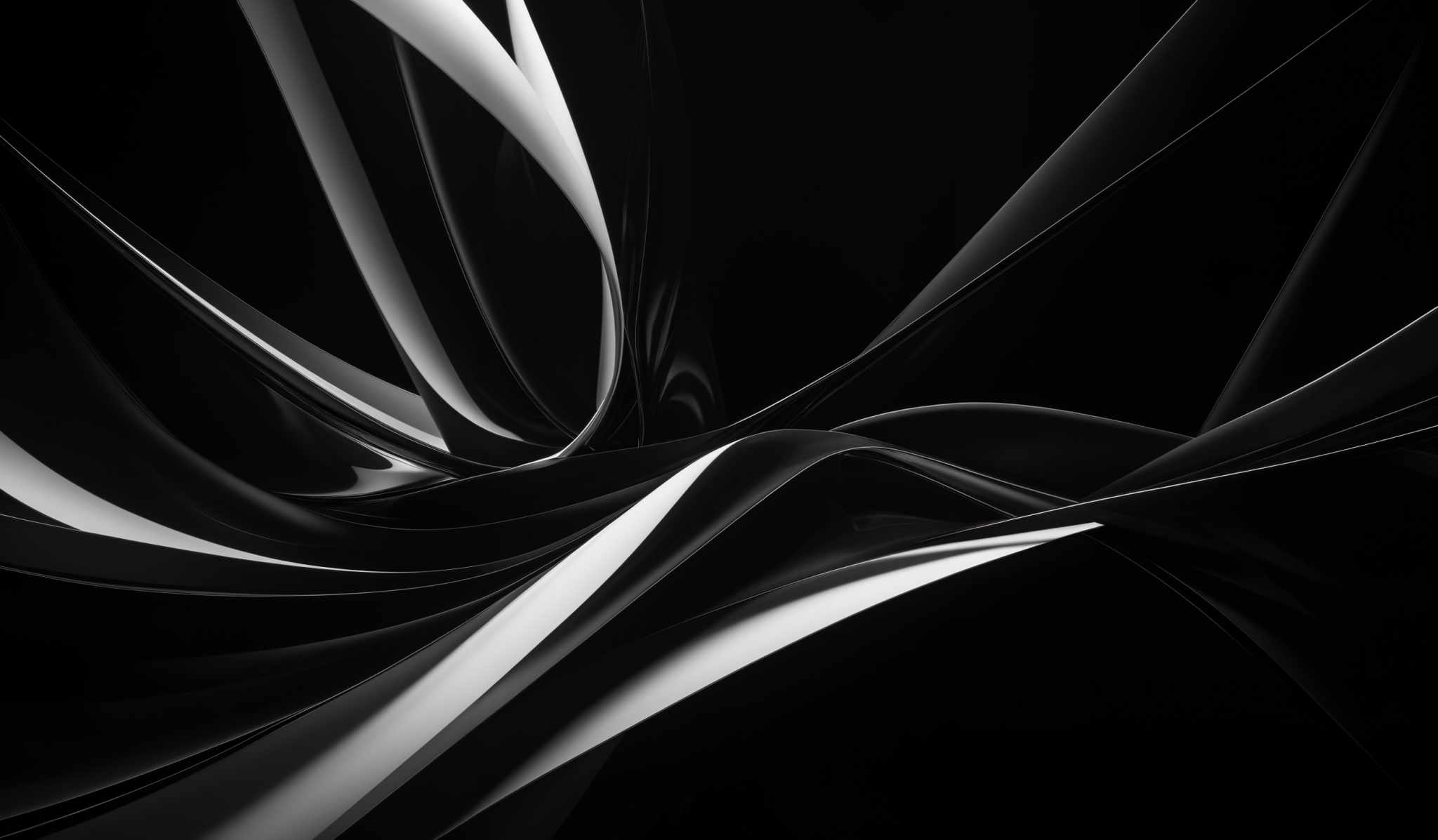 The image showcases a dynamic and abstract composition of intertwining black and white swirls and curves. The swirls appear smooth and fluid, creating a sense of movement and fluidity. The contrast between the black and the white accentuates the shapes, making them pop out against the dark background. The overall effect is both mesmerizing and visually striking.