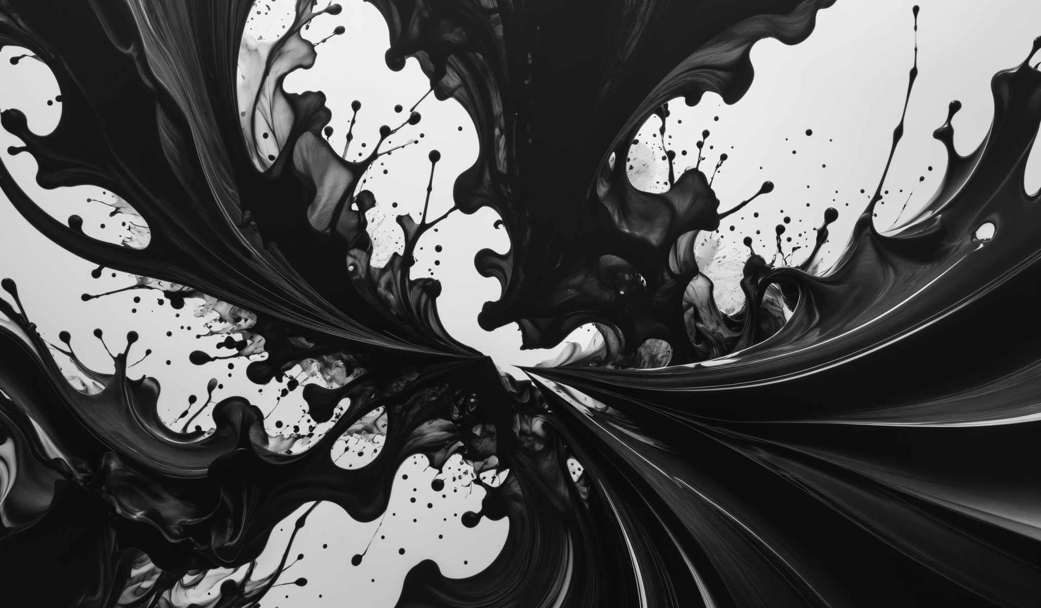 The image showcases a dynamic and intricate pattern of black and white fluid-like structures. These structures resemble splashes or droplets of paint, with the black forming the main body and the white forming the background. The shapes are complex, with swirling patterns, droplet-like formations, and elongated structures that seem to be spreading outwards. The overall effect is one of motion and energy, reminiscent of a chaotic yet harmonious dance of colors.